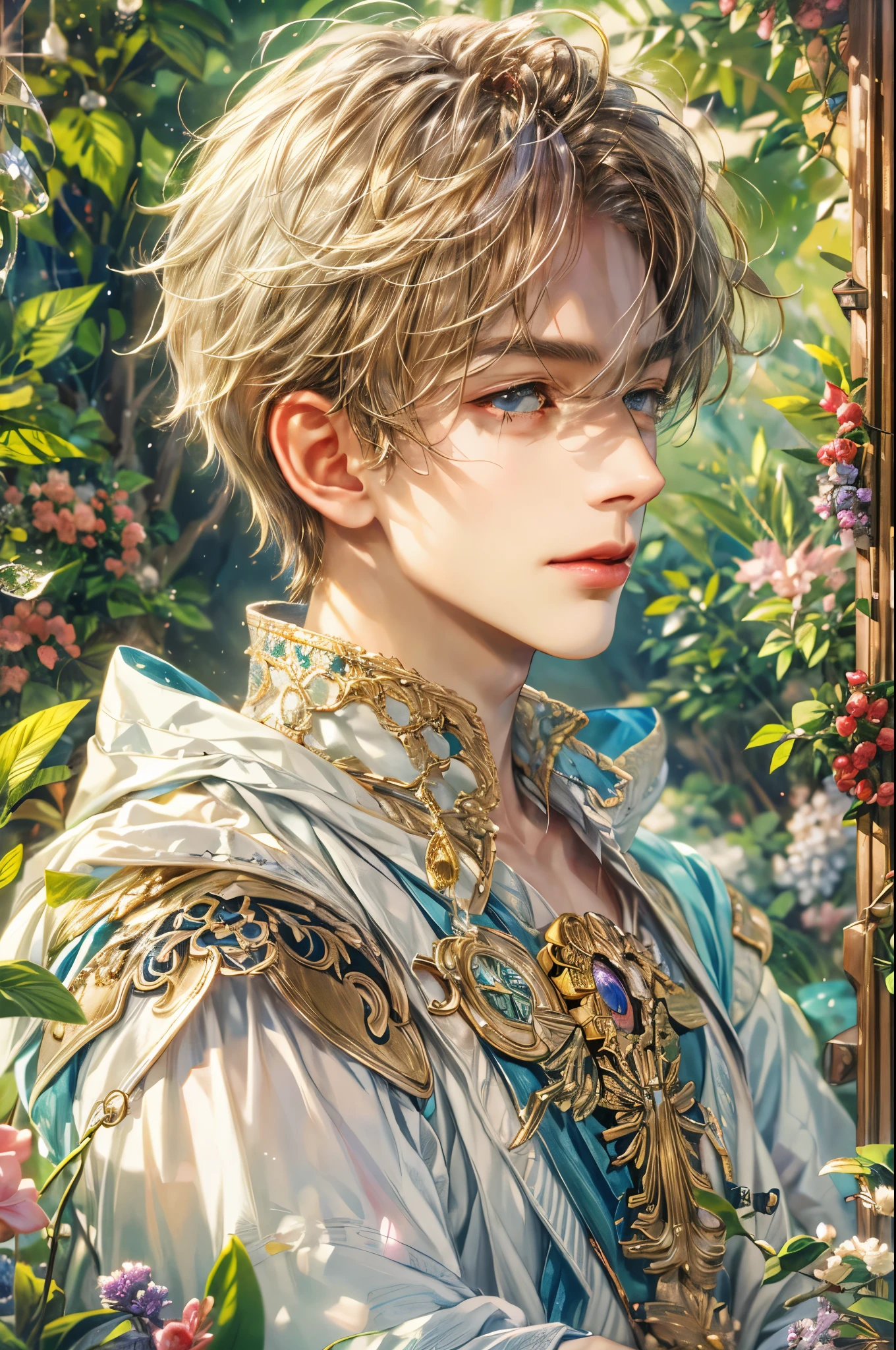 (absurdres, highres, ultra detailed, HDR), masterpiece, Intricate details,best quality picture of a character from Tales of the rays, handsome boy with short Hair anime eyes, intricate details on face, in a detailed outside garden sanctuary scenery, detailed character, art kenouji