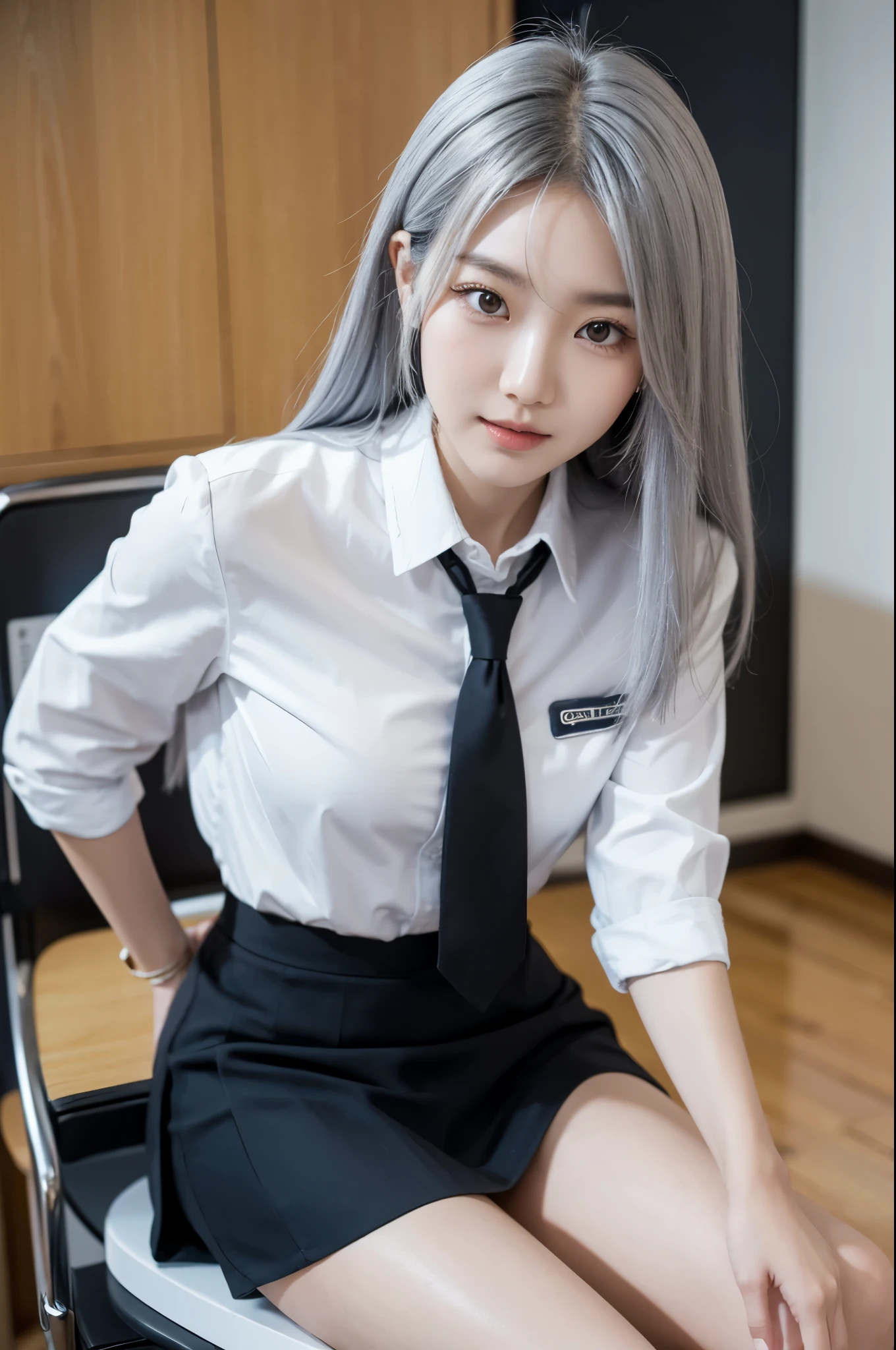 A Korean woman, silver hair, black eyes, korean school uniform, mini skirt, sitting on desk, smirking, appealing