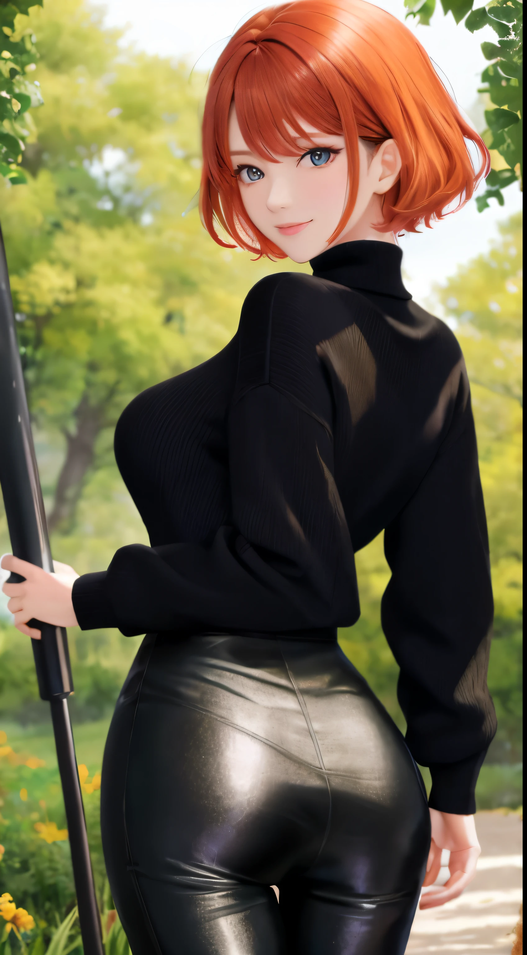 Masterpiece, Best quality, ultra detailed, Beautiful lighting, Woman, black leggings, Orange hair, (Green eyes:1.3), (Black sweater:1.2), turtleneck, get up, in the park, beautiful landscape, shows off her juicy ass, light blush, smiling, (nice smile:1,1), (glossy lips:1.1), (Beautiful eyes:1.1), wonderful backround, closed mouth, weapon_behind_back, short hair HD HQ UHD

