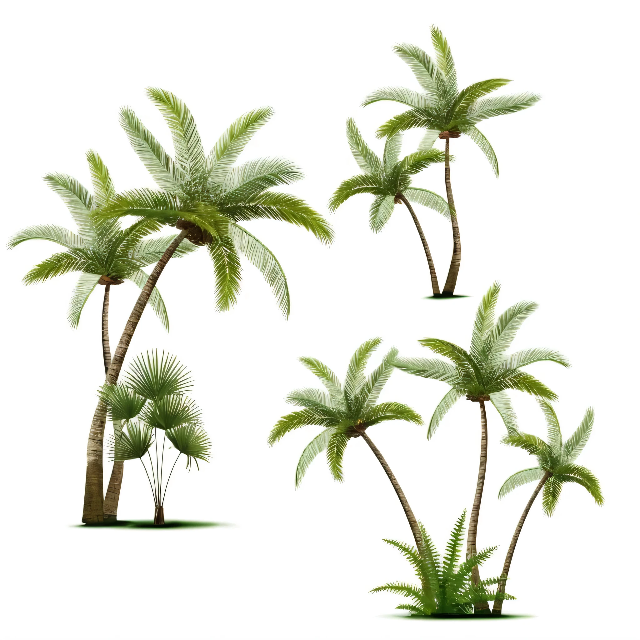 a group of four palm trees with green leaves on a white background, tropical palms, tropical trees, palm trees, coconut trees, coconut palms, palmtrees, palms, exotic trees, palm tree, with potted palm trees, date palm trees, tropical plants, tree palms in background, palm, with interior potted palm trees, tropical vegetation