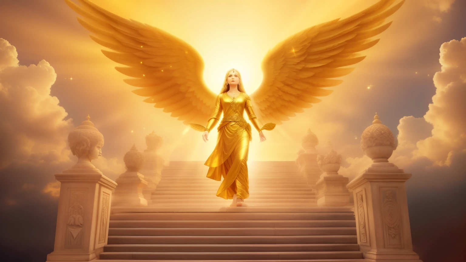 an anjo is walking up a flight of stairs with a golden light, golden gates of heaven!!!!!!!!, asas de ouro, ethereal anjoic being of light, Asas douradas, anjo spirit guide, anjoic, High Golden Heavenly Gates, deusa dourada atena, anjoic golden armor, glowing anjoic being, with fiery Asas douradas, archanjo, anjo, anjoic light, deusa da luz
