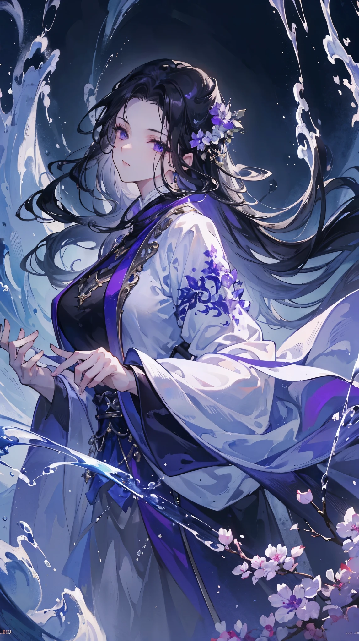 (extremely detailed 8K wallpaper),(ultra-detailed),(best quality),(masterpiece),(highly detailed),(cinematic lighting),(Original),Cold ligh,moody,((Color ink)),(Splash ink ),32K depth of field,1girl,((beautiful girl)),((Immortal)),(long black hair),purple clothes,Fall,water flow