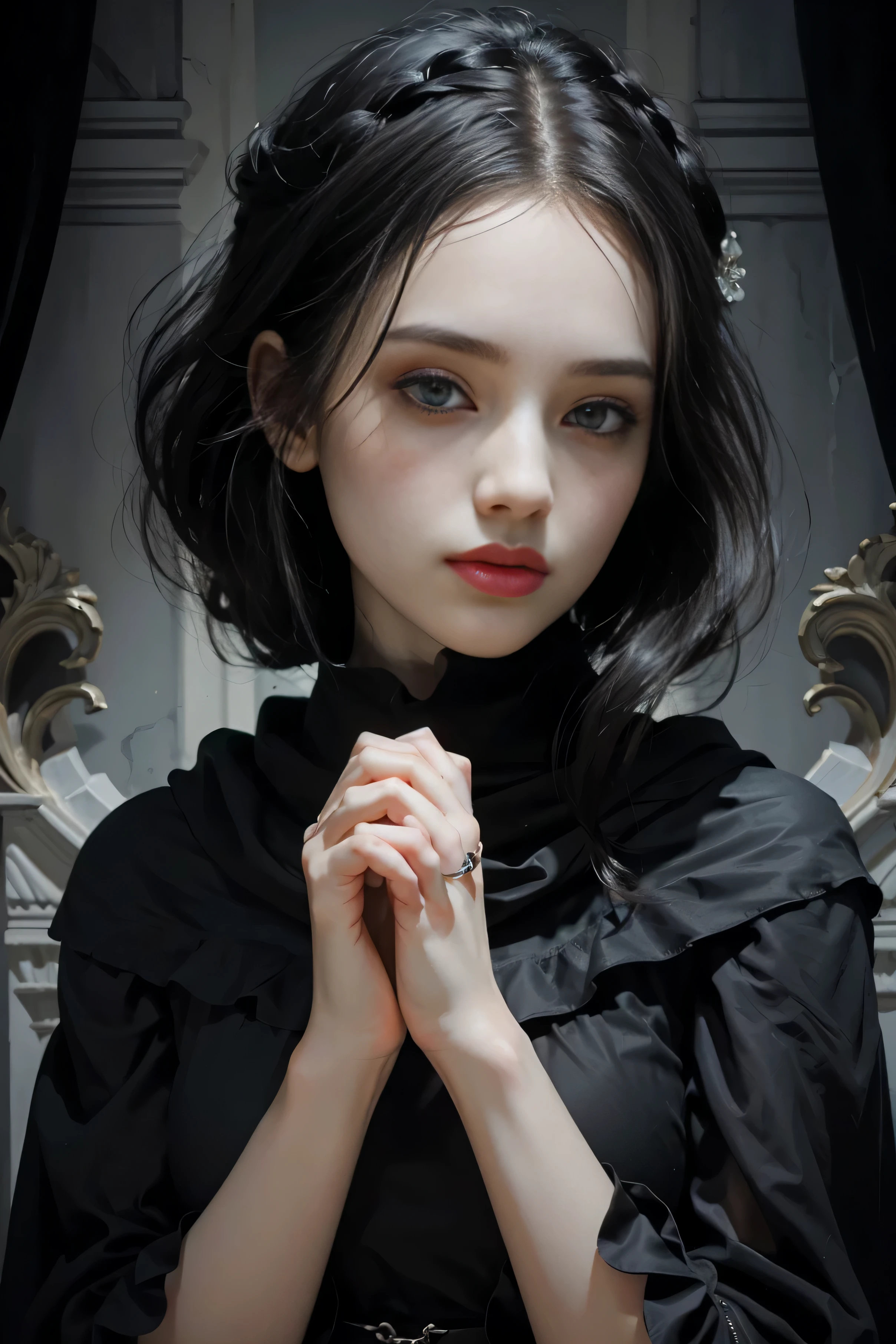 classical painting, ((close-up of hands: 1,3)), details of the hands of a girl in a black dress, black cowl, pale skin of the girl’s hands, detailed drawing of the hands, thin fingers, a ring with a ruby on the fingers, monochrome image with an accent color,