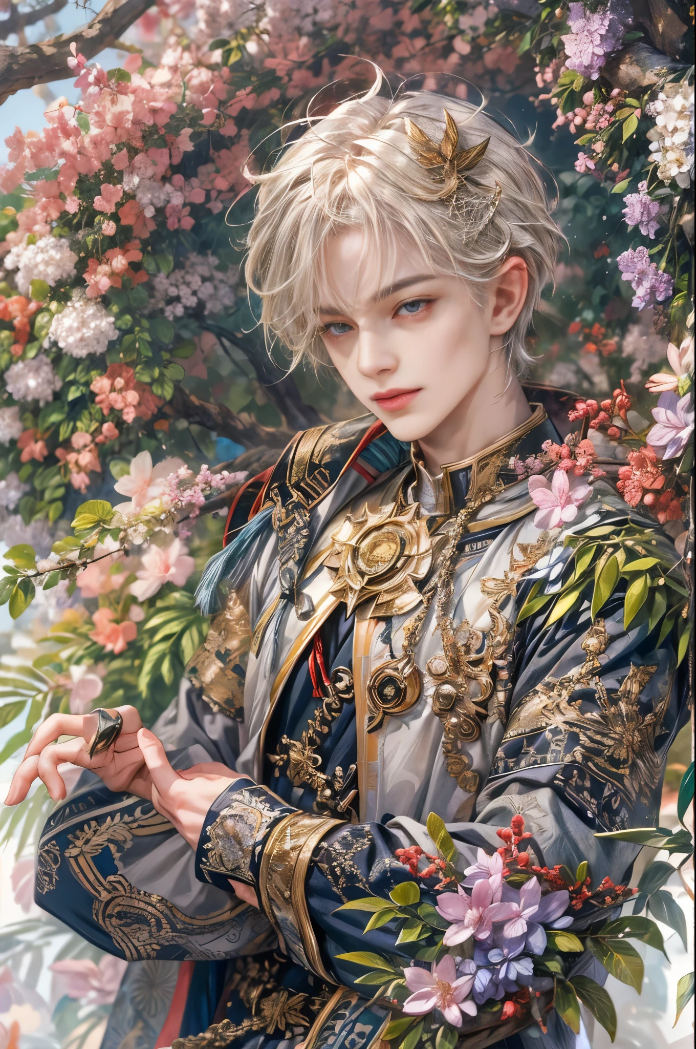 (absurdres, highres, ultra detailed, HDR), masterpiece, Intricate details,best quality picture of a character from Valkyrie Elysium, handsome  boy with short Hair anime eyes, intricate details on face, in a detailed outside garden sanctuary scenery, detailed character, art kenouji