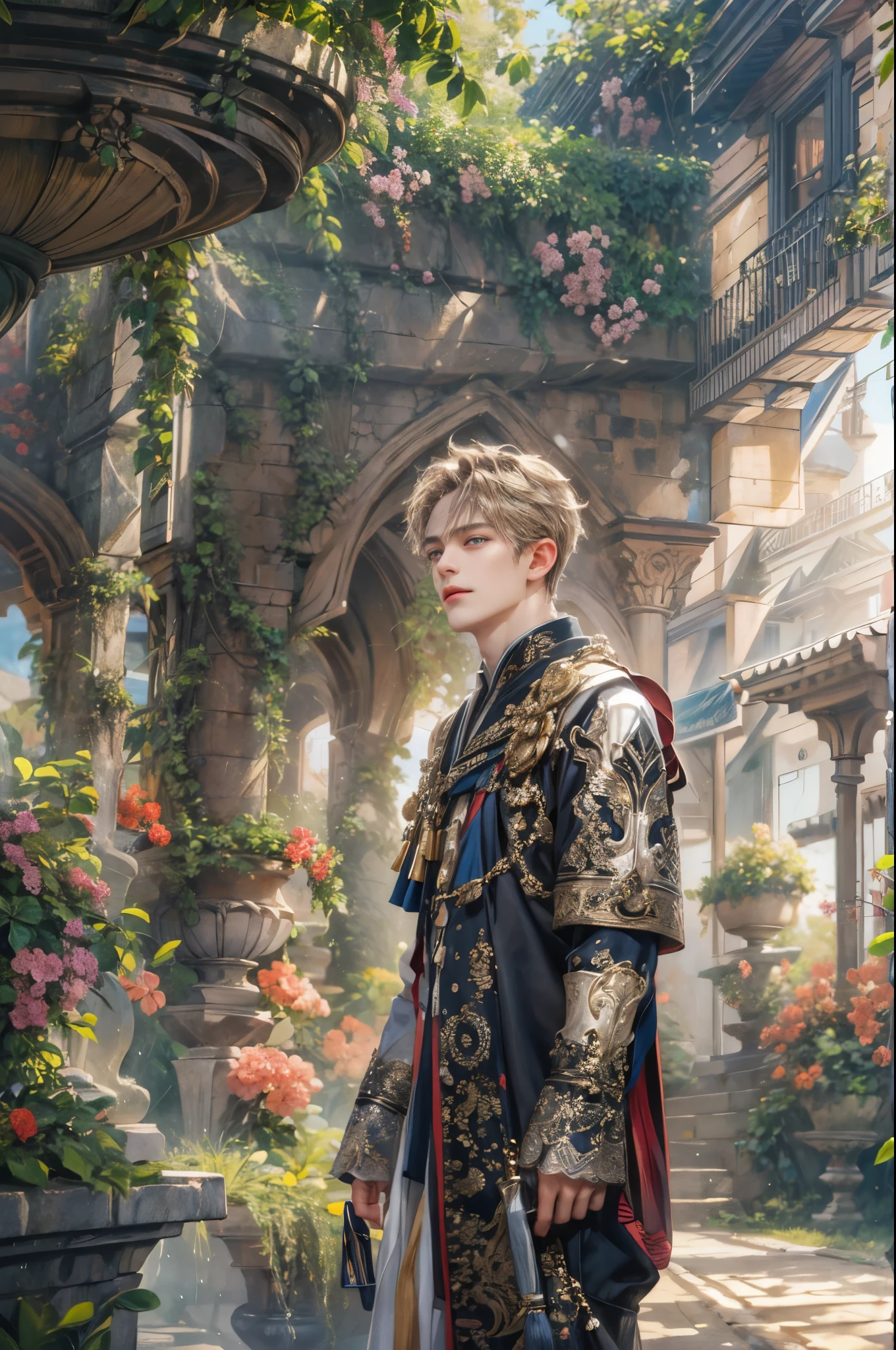 (absurdres, highres, ultra detailed, HDR), masterpiece, Intricate details,best quality picture of a character from Valkyrie Elysium, handsome teen boy with short Hair anime eyes, intricate details on face, in a detailed outside garden sanctuary scenery, detailed character, art kenouji