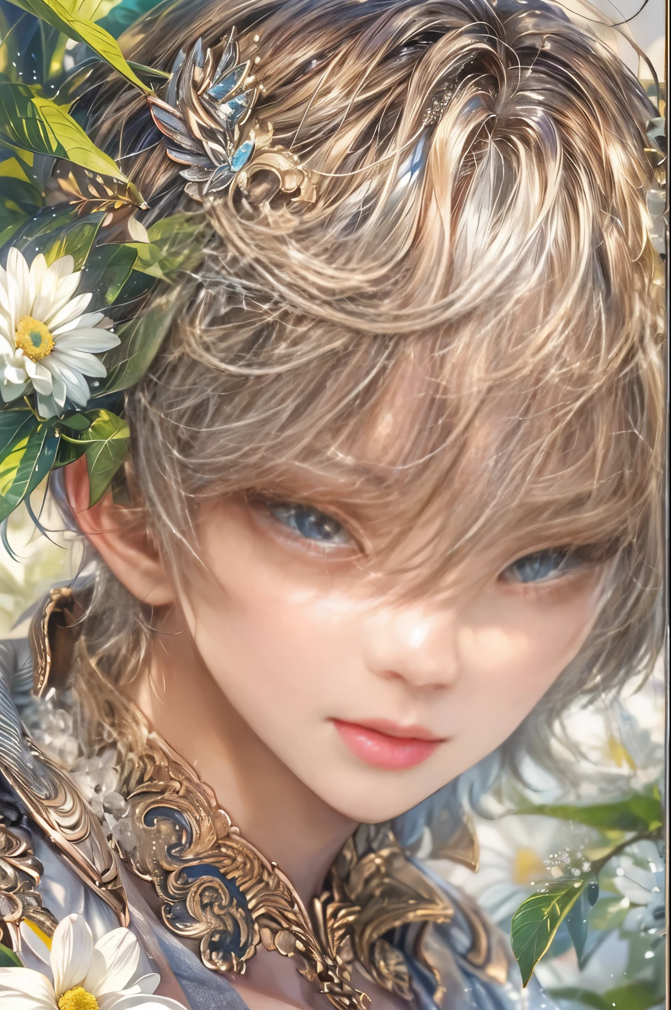 (absurdres, highres, ultra detailed, HDR), masterpiece, Intricate details,best quality picture of a character from Valkyrie Elysium, handsome  boy with short Hair anime eyes, intricate details on face, in a detailed outside garden sanctuary scenery, detailed character, art kenouji