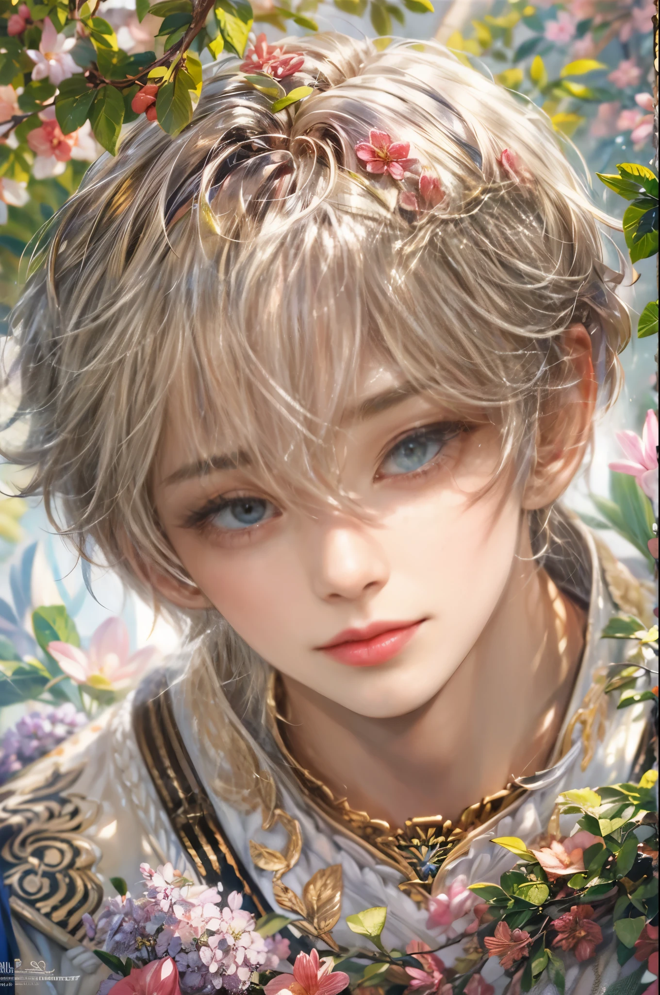 (absurdres, highres, ultra detailed, HDR), masterpiece, Intricate details,best quality picture of a character from Valkyrie Elysium, handsome teen boy with short Hair anime eyes, intricate details on face, in a detailed outside garden sanctuary scenery, detailed character, art kenouji