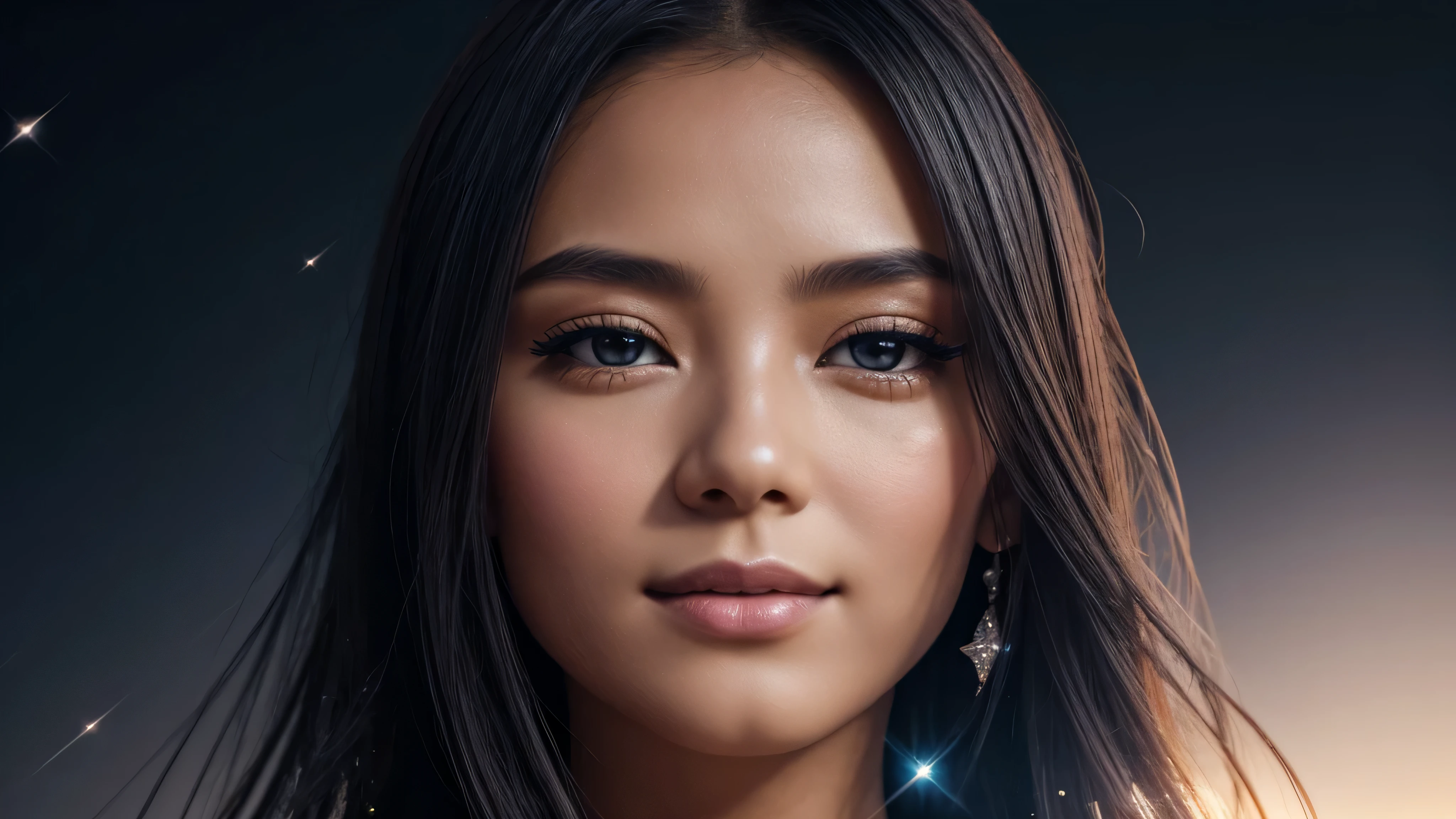 stone sculpture of a girl and flying shiny silver dust on a black background, Yuki Sakura, High detail, saturation, close-up, face close-up, photo with highly detailed skin, Photorealistic girl, Face in Focus, black long hair with glitter in hair, bright makeup, Jewelry, the girl smiles and sparkles her eyes, dark blue starry sky, High contrast, soft light, rich colors, ultra high quality 8K