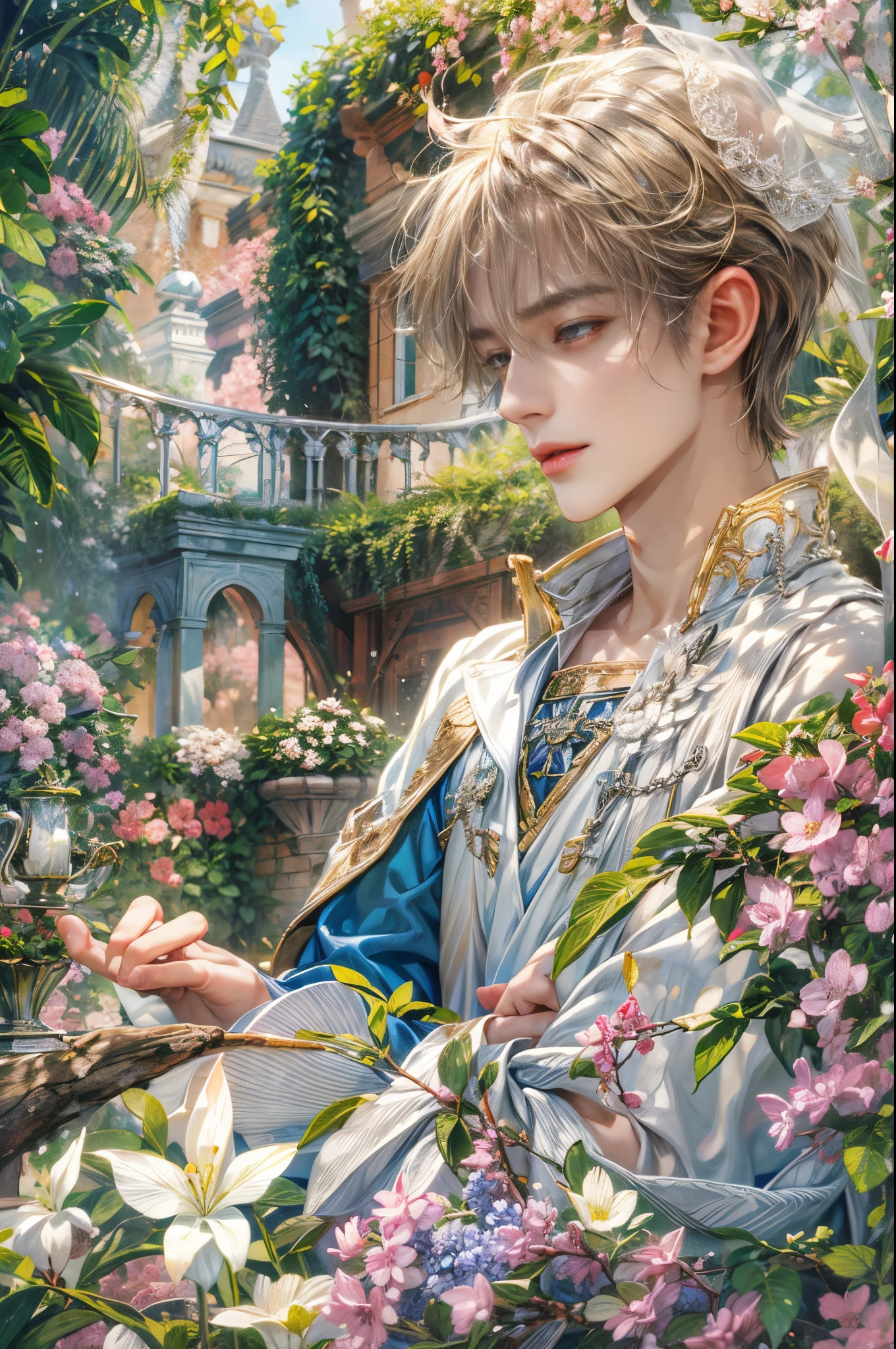 (absurdres, highres, ultra detailed, HDR), masterpiece, Intricate details,best quality picture of a character from Tales of the rays, handsome boy with short Hair anime eyes, intricate details on face, in a detailed outside garden sanctuary scenery, detailed character, art kenouji