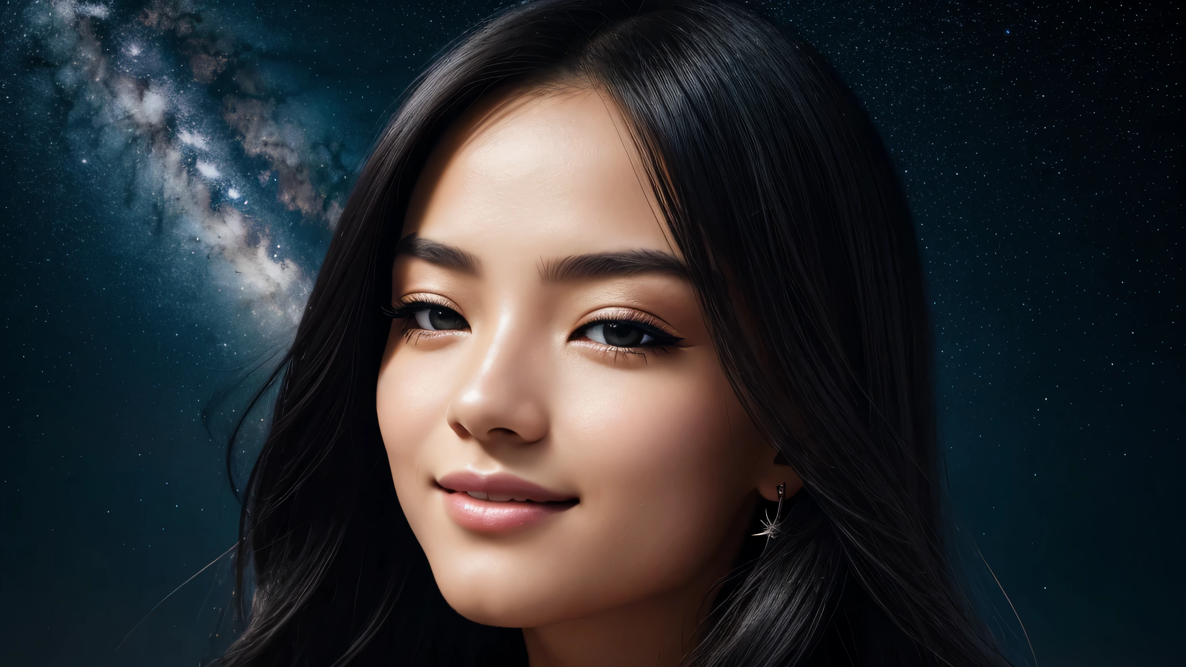 highest quality, epic realistic, ((in the pitch black darkness we only see a woman in the observable universe:1.4)), (taken with vibrant stars, violet blue starry sky, and celestial summer sky:1.0), ((portrait with nighttime sky:1.5)), no horizon line,(background: nebulas, surrounded by vibrant stars celestial skies, ) high contrast ,glorious picture, lowest lux, lighting face, she's comfortable, dark plain shirt, looks incredible, (8k, Raw photo, Highest quality),(epic realistic:1.5), a woman, face,(detailed eyes:0.8),(looking at the camera:1.4), (Highest quality), ( high contrast, deep shadows),Intricate details,cinematic,((skin:1.4)),exterior constellation overlaps her with vibrant stars, (long dark hair:1.3), long hair, messy ,(Hdr:1.5),Detailed, colors, Superior quality, ( starry sky: 1.4), Masterpiece, Raw Photo (30-year-old, looking at viewer), beautiful, (wearing dark shirt,), perfect, natural, perfect composition, portrait, perfect face, caring expression, Captivating eyes, Bright details, Tight lips, (High Skin Detail),, (blue tint: 0.6), (sale: 0.8), (bloody: 0.7), Key lighting , (backlight: 0.5), Medium depth of field, Canon 5d, 50mm lens, f/4 apertures, (Ultra-detailed, Complex detail), sharp focus, soft colors, 8k, Absurd, 80mm, surrounded by radiant celestial sky, photography, relaxed, filipina, pinay, philippines
