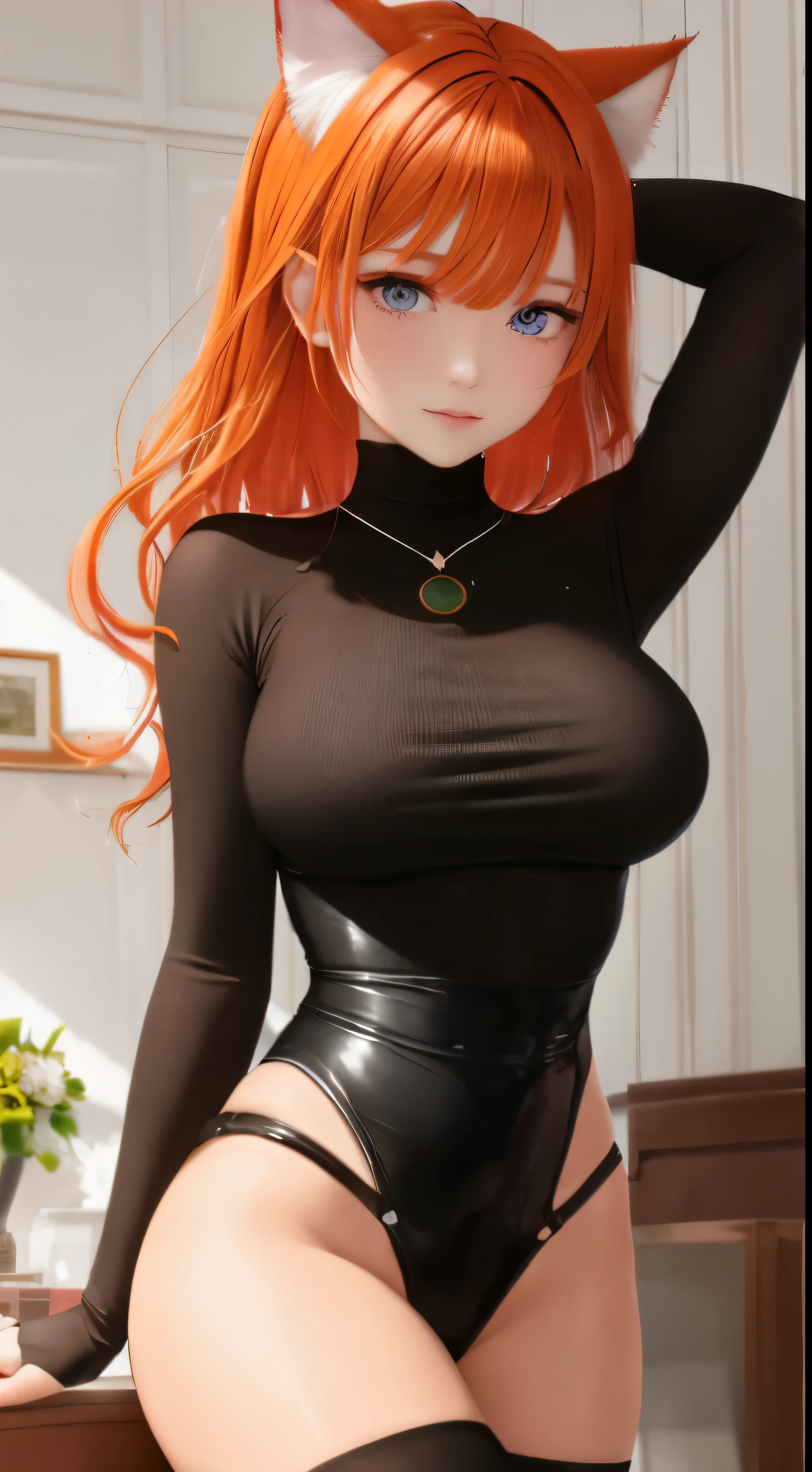 mother, Masterpiece, Best quality, ultra detailed, Beautiful lighting, 1 girl, Orange hair, cat ear, Green eyes, freckles, turtleneck top, I&#39;m looking at the viewer, detailed black stockings with belt, juicy ass
