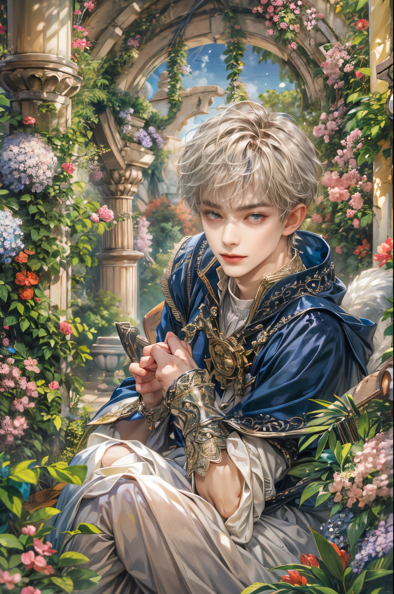 (absurdres, highres, ultra detailed, HDR), masterpiece, Intricate details,best quality picture of a character from Tales of the rays, handsome teen boy with short Hair anime eyes, intricate details on face, in a detailed outside garden sanctuary scenery, detailed character, art kenouji