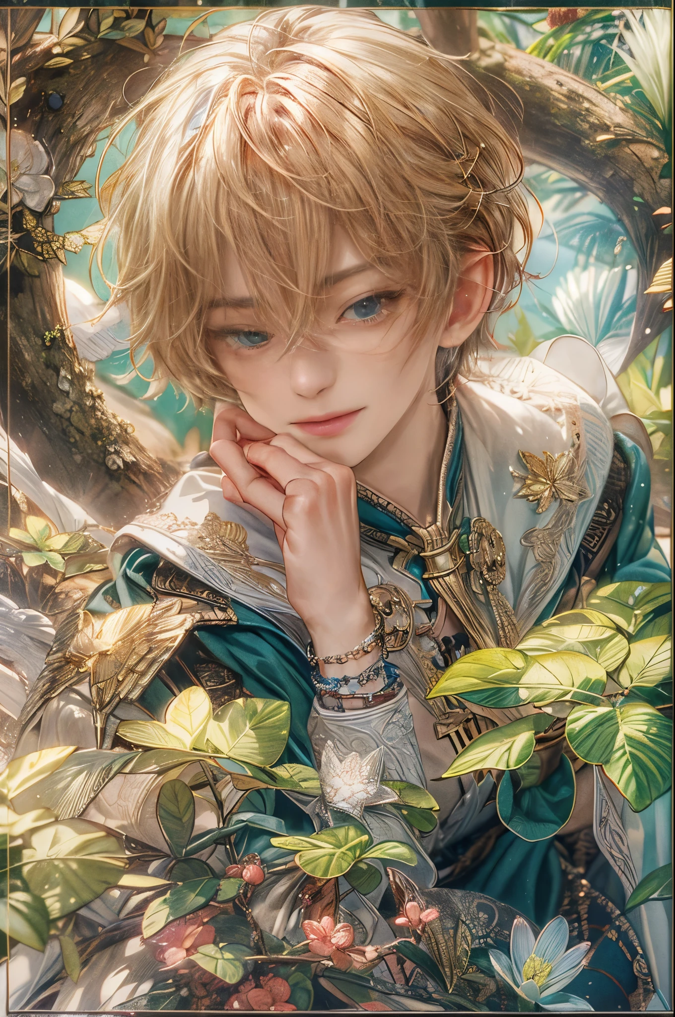 (absurdres, highres, ultra detailed, HDR), masterpiece, Intricate details,best quality picture of a character from Tales of the rays, handsome teen boy with short Hair anime eyes, intricate details on face, in a detailed outside garden sanctuary scenery, detailed character, art kenouji