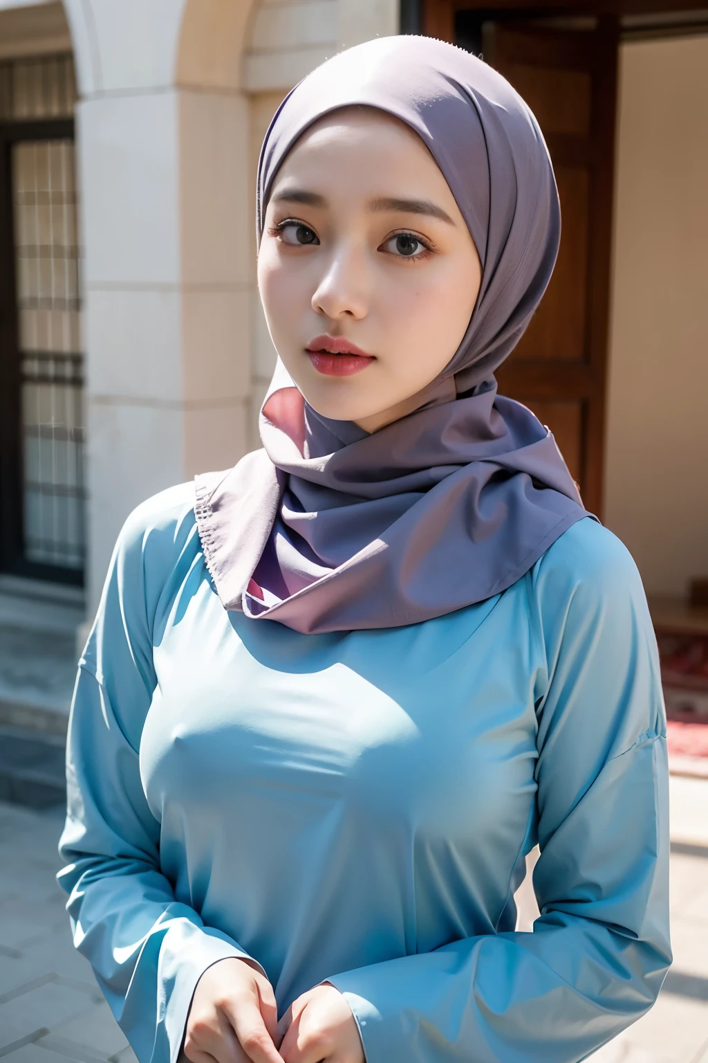 1 malay girl , modern plain hijab,  shy, medium portrait shot , watery  eyes ,lip watery, lip glossy, open mounth, ((big breast)), a beautiful girl with hijab, in vintage colors aodai , masterpiece, best quality, realistic:1.3, street, holding bundle of flowers, sunlight, backlighting, artstation, intricate details, vignett, prpsonal body,