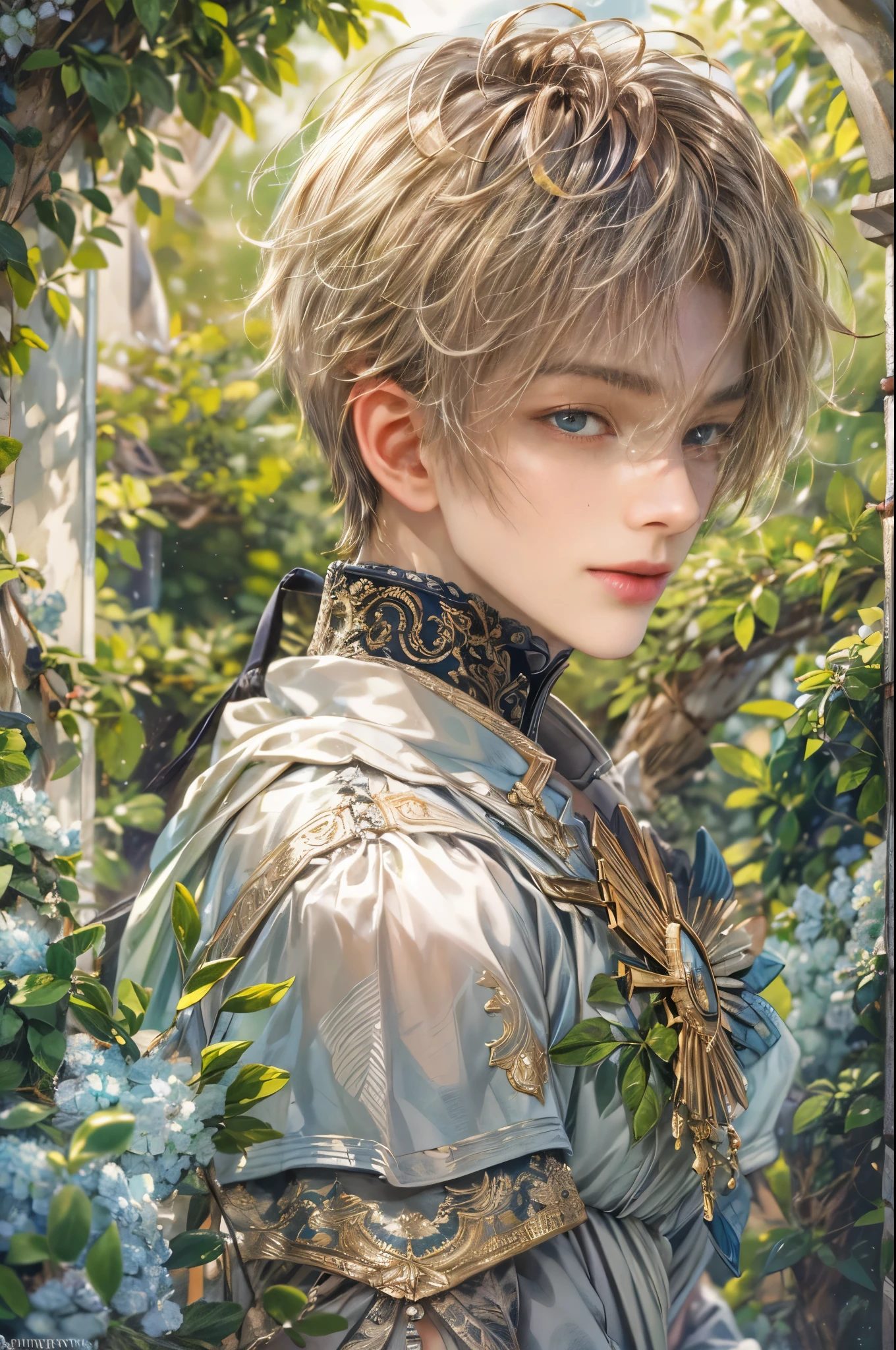 (absurdres, highres, ultra detailed, HDR), masterpiece, Intricate details,best quality picture of a character from Valkyrie Elysium, handsome teen boy with short Hair anime eyes, intricate details on face, in a detailed outside garden sanctuary scenery, detailed character, art kenouji