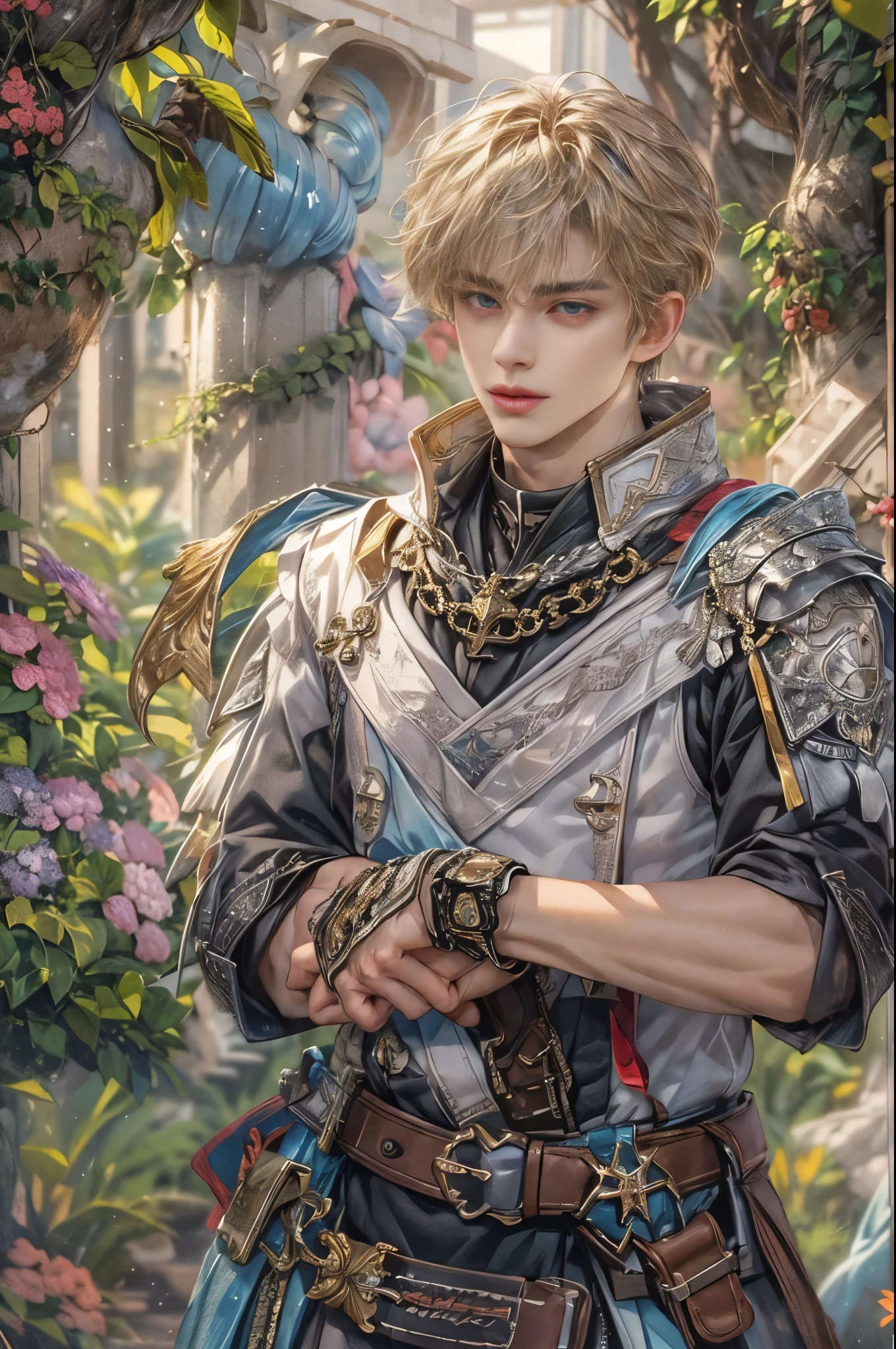 (absurdres, highres, ultra detailed, HDR), masterpiece, Intricate details,best quality picture of a character from Valkyrie Elysium, handsome boy with short Hair anime eyes, intricate details on face, in a detailed outside garden sanctuary scenery, detailed character, art kenouji