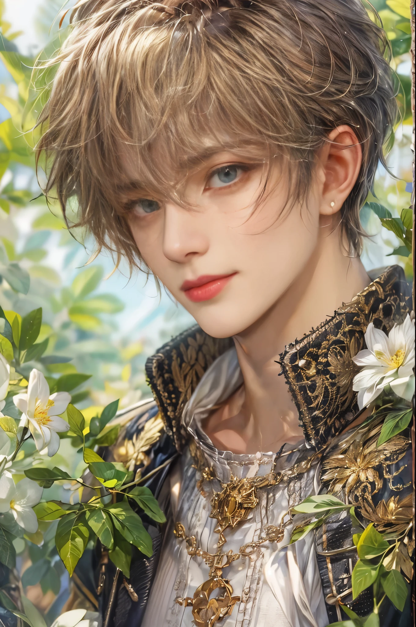(absurdres, highres, ultra detailed, HDR), masterpiece, Intricate details,best quality picture of a character from Valkyrie Elysium, handsome teen boy with short Hair anime eyes, intricate details on face, in a detailed outside garden sanctuary scenery, detailed character, art kenouji
