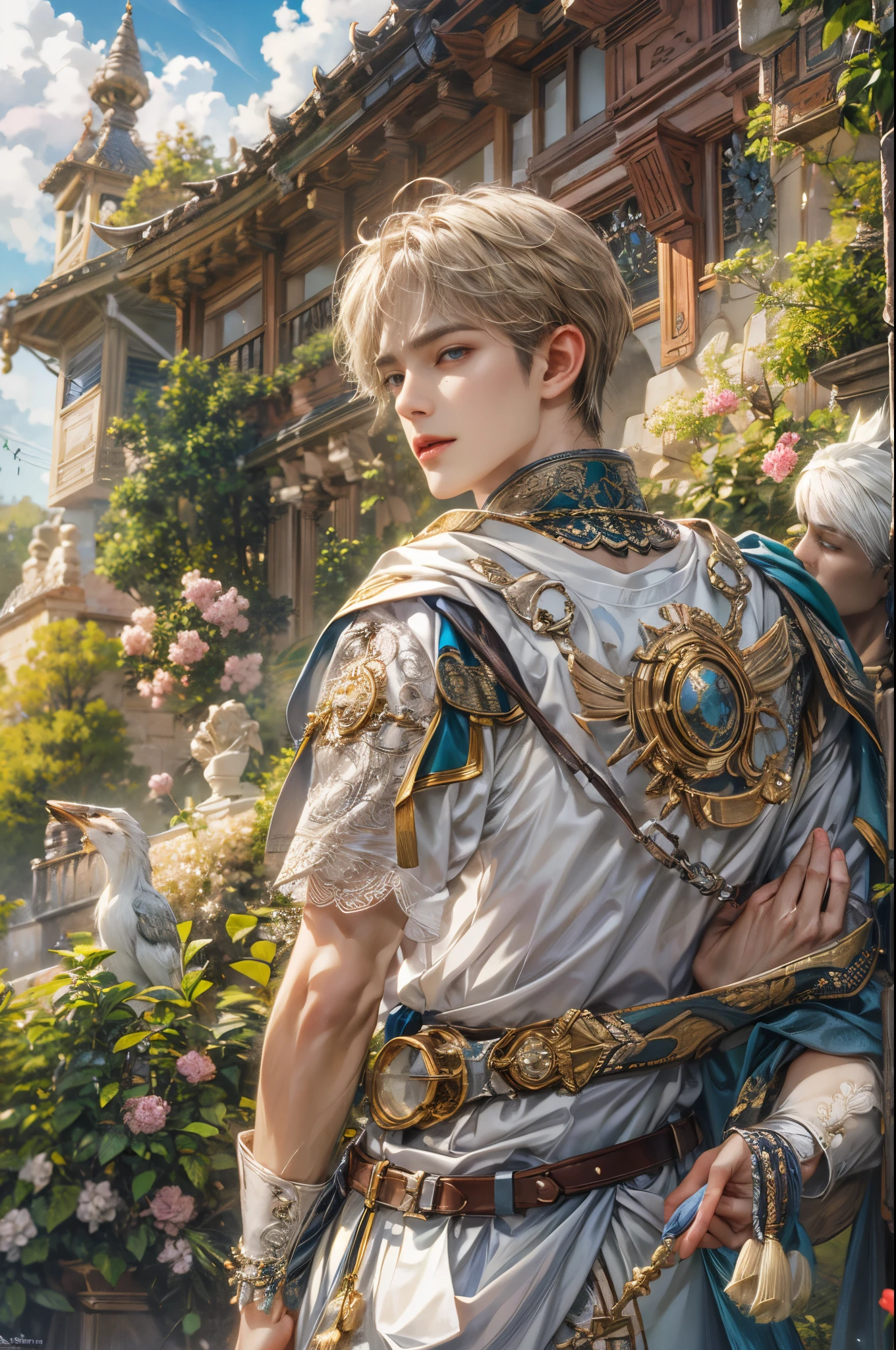 (absurdres, highres, ultra detailed, HDR), masterpiece, Intricate details,best quality picture of a character from Valkyrie Elysium, handsome boy with short Hair anime eyes, intricate details on face, in a detailed outside garden sanctuary scenery, detailed character, art kenouji