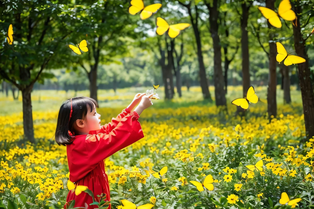yellow butterfly々flying nearby。9 year old girl wearing red clothes、yellow flowers and trees々surrounded by、to be alone。