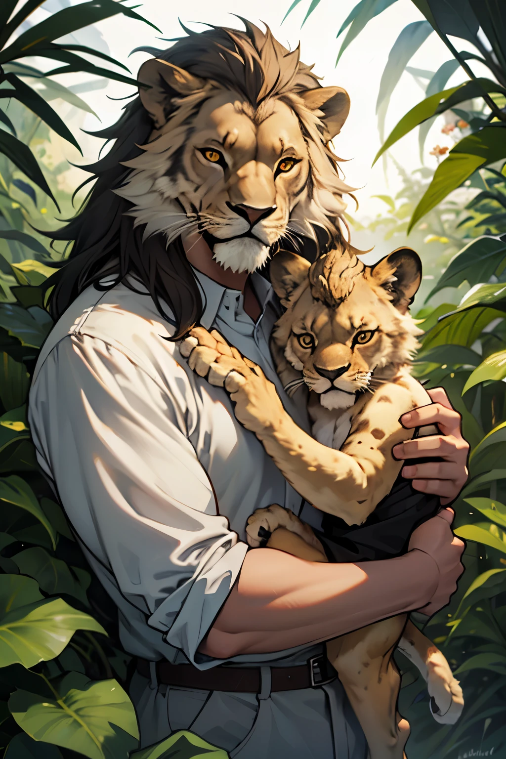 Create a image where baby lion take selfie. Father lion stand behind the baby lion in jungle