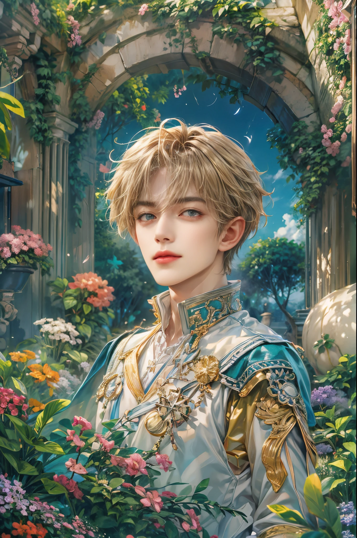 (absurdres, highres, ultra detailed, HDR), masterpiece, Intricate details,best quality picture of a character from Tales of the rays, handsome teen boy with short Hair anime eyes, intricate details on face, in a detailed outside garden sanctuary scenery, detailed character, art kenouji