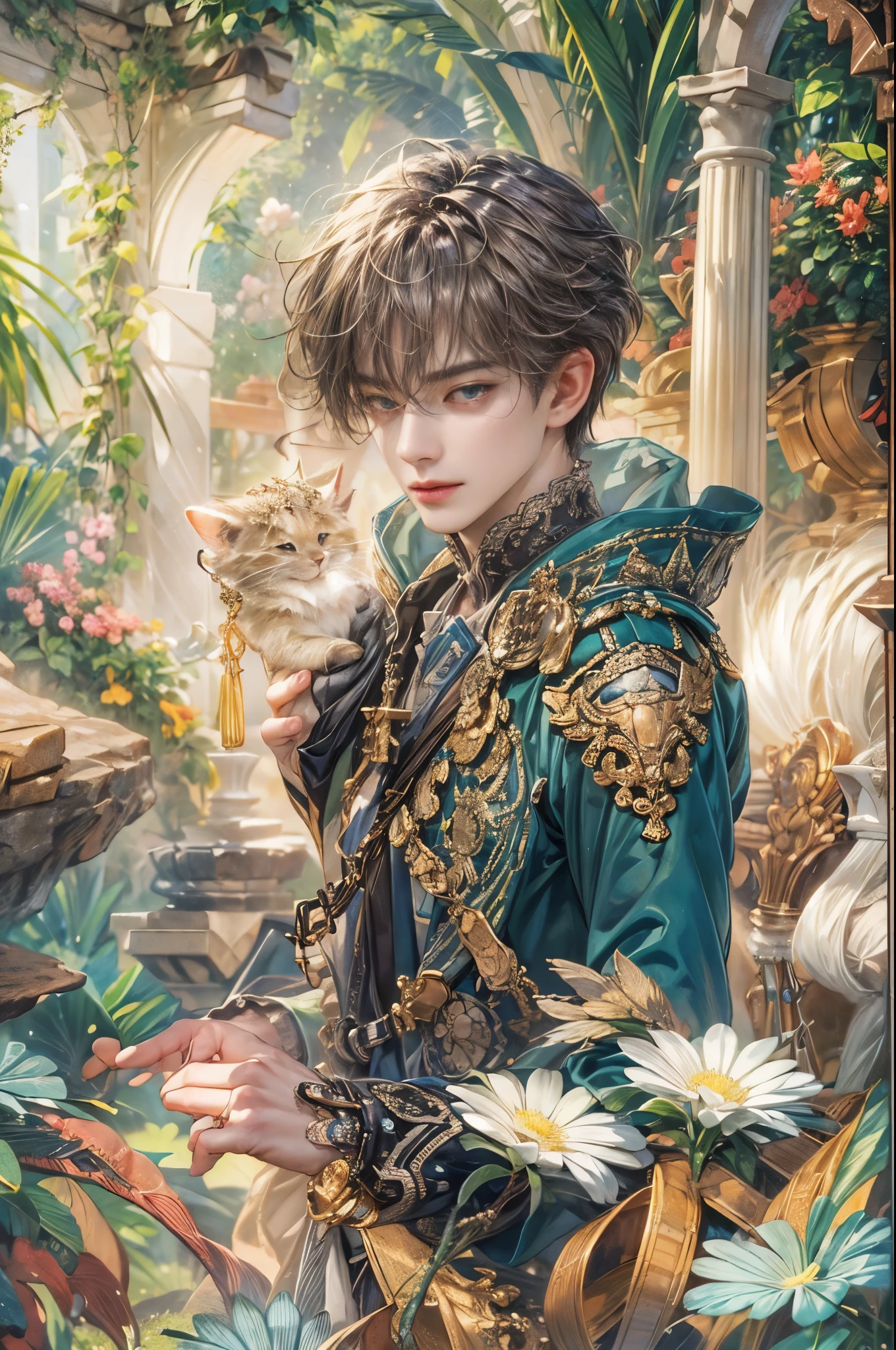 (absurdres, highres, ultra detailed, HDR), masterpiece, Intricate details,best quality picture of a character from Tales of the rays, handsome teen boy with short Hair anime eyes, intricate details on face, in a detailed outside garden sanctuary scenery, detailed character, art kenouji