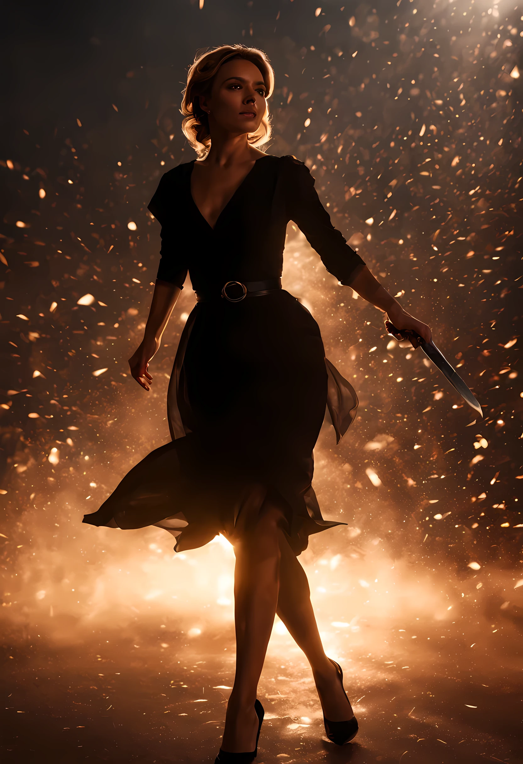 16K, ultra detailed, masterpiece, best quality, (extremely detailed), arafed, action shot, a woman spy, wearing an elegant dress, black dress, and holding a dagger in a cocktail party, Wide-Angle, Ultra-Wide Angle, 8k, highres, best quality, high details, determined face, god rays, cinematic lighting, glowing light, silhouette, from outside, photorealism