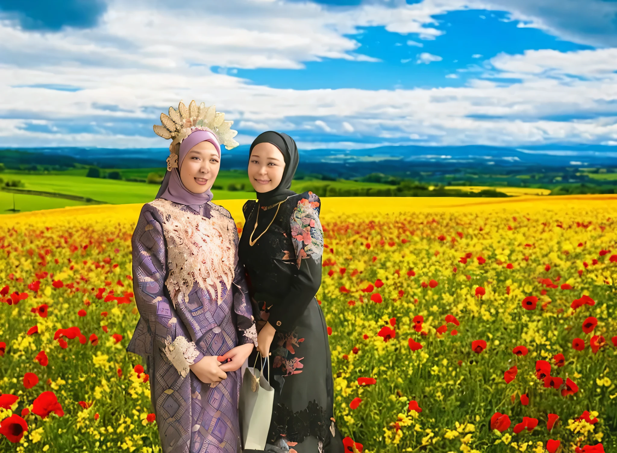 two women in traditional dress standing in a field of flowers, with flower fields as foreground, backdrop, wonderful, standing in flower field, traditional photography, traditional clothing, traditional clothes, traditional dress, prize winning color photo, background is heavenly, in a field with flowers, profesional photography, traditional costume, photo taken with nikon d 7 5 0