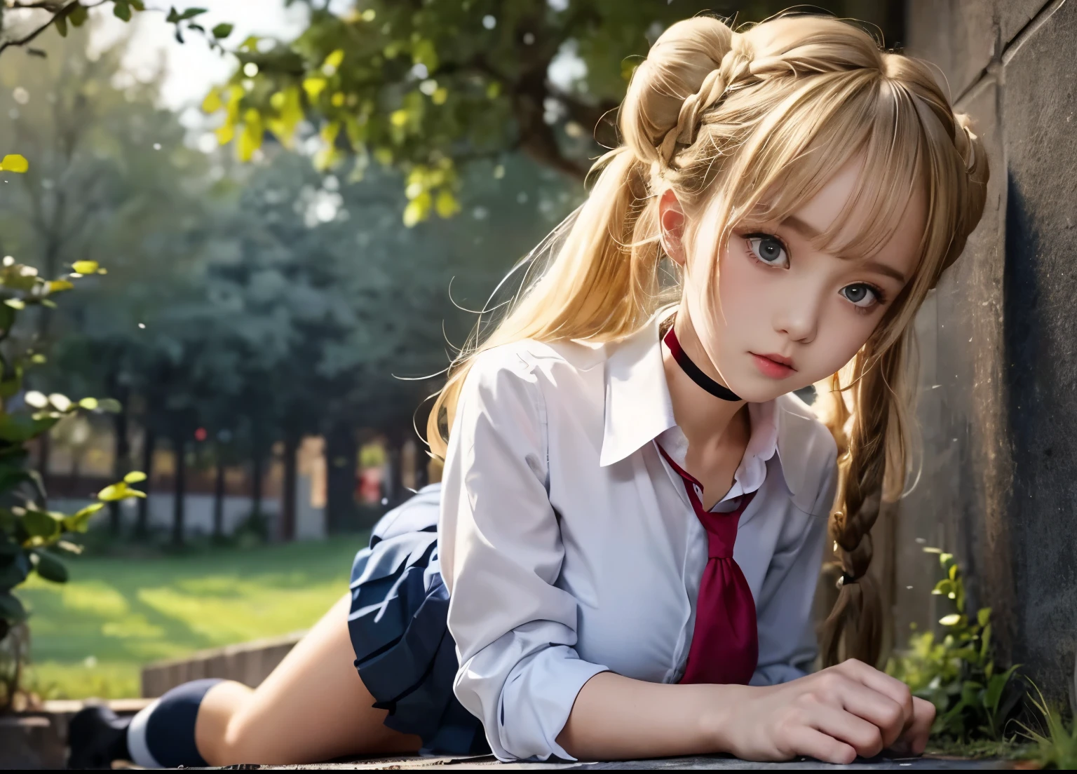 masterpiece, highest quality, 1 girl, alone, terrifying_ticker,(((((school uniform))))), red choker, blonde hair,crawl on all fours, closed mouth, very long hair,huge breasts, outdoors,