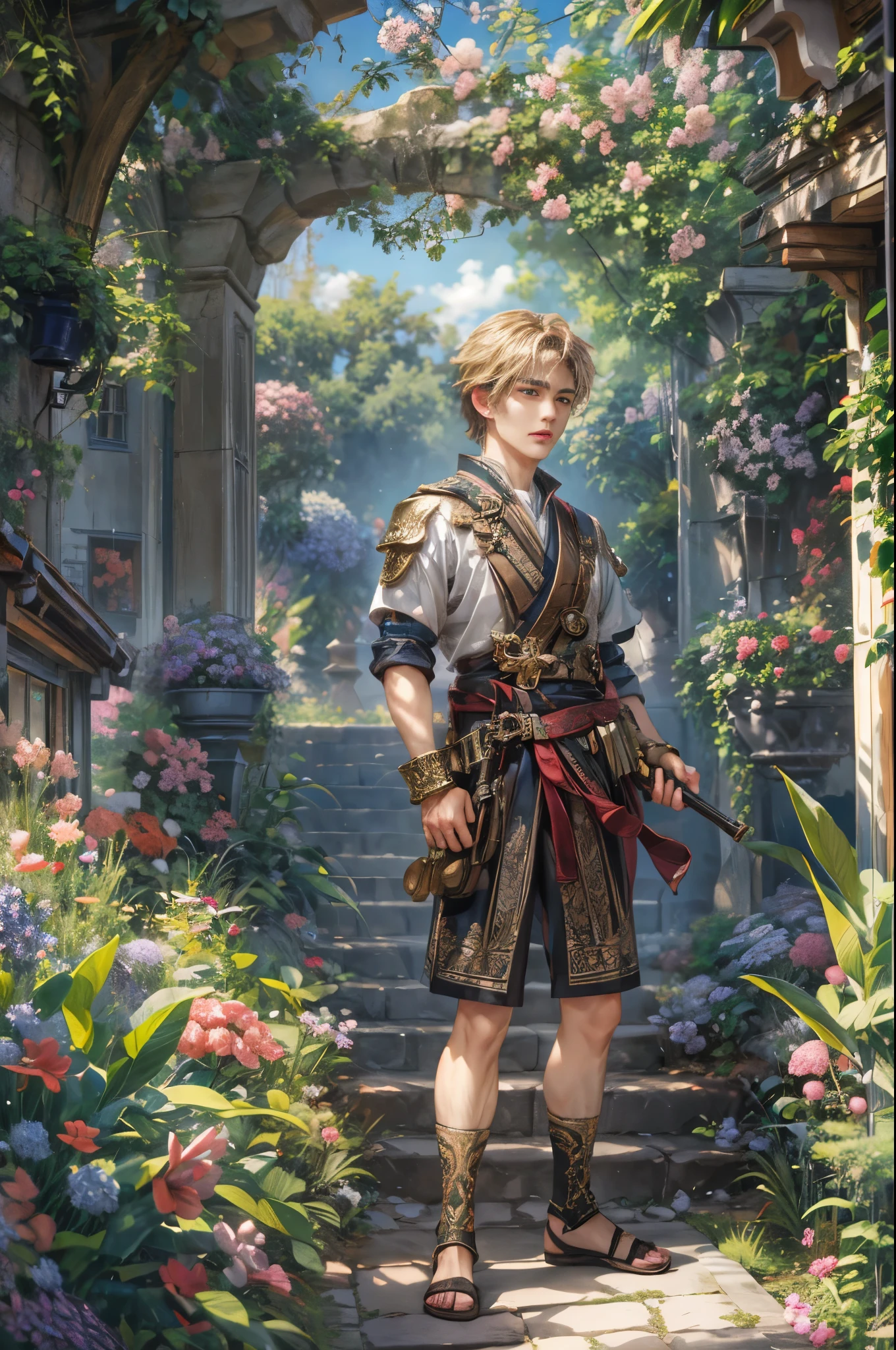 (absurdres, highres, ultra detailed, HDR), masterpiece, Intricate details,best quality picture of a character from Valkyrie Elysium, handsome teen boy with short Hair anime eyes, intricate details on face, in a detailed outside garden sanctuary scenery, detailed character, art kenouji