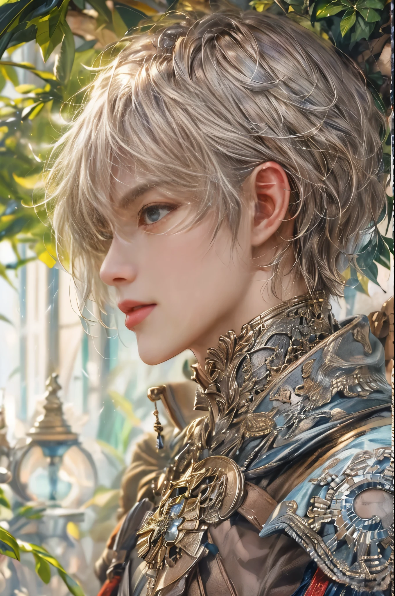(absurdres, highres, ultra detailed, HDR), masterpiece, Intricate details,best quality picture of a character from Valkyrie Elysium, handsome boy with short Hair anime eyes, intricate details on face, in a detailed outside garden sanctuary scenery, detailed character, art kenouji