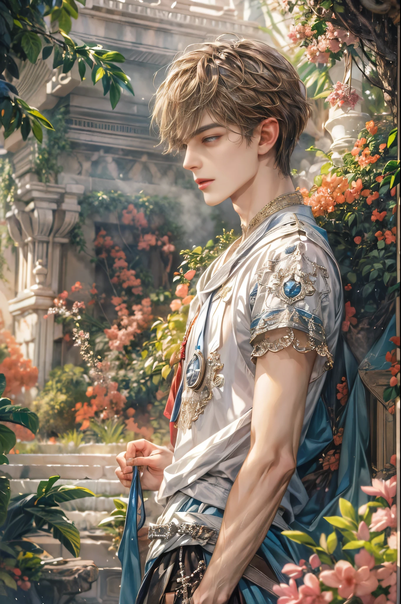 (absurdres, highres, ultra detailed, HDR), masterpiece, Intricate details,best quality picture of a character from Valkyrie Elysium, handsome teen boy with short Hair anime eyes, intricate details on face, in a detailed outside garden sanctuary scenery, detailed character, art kenouji