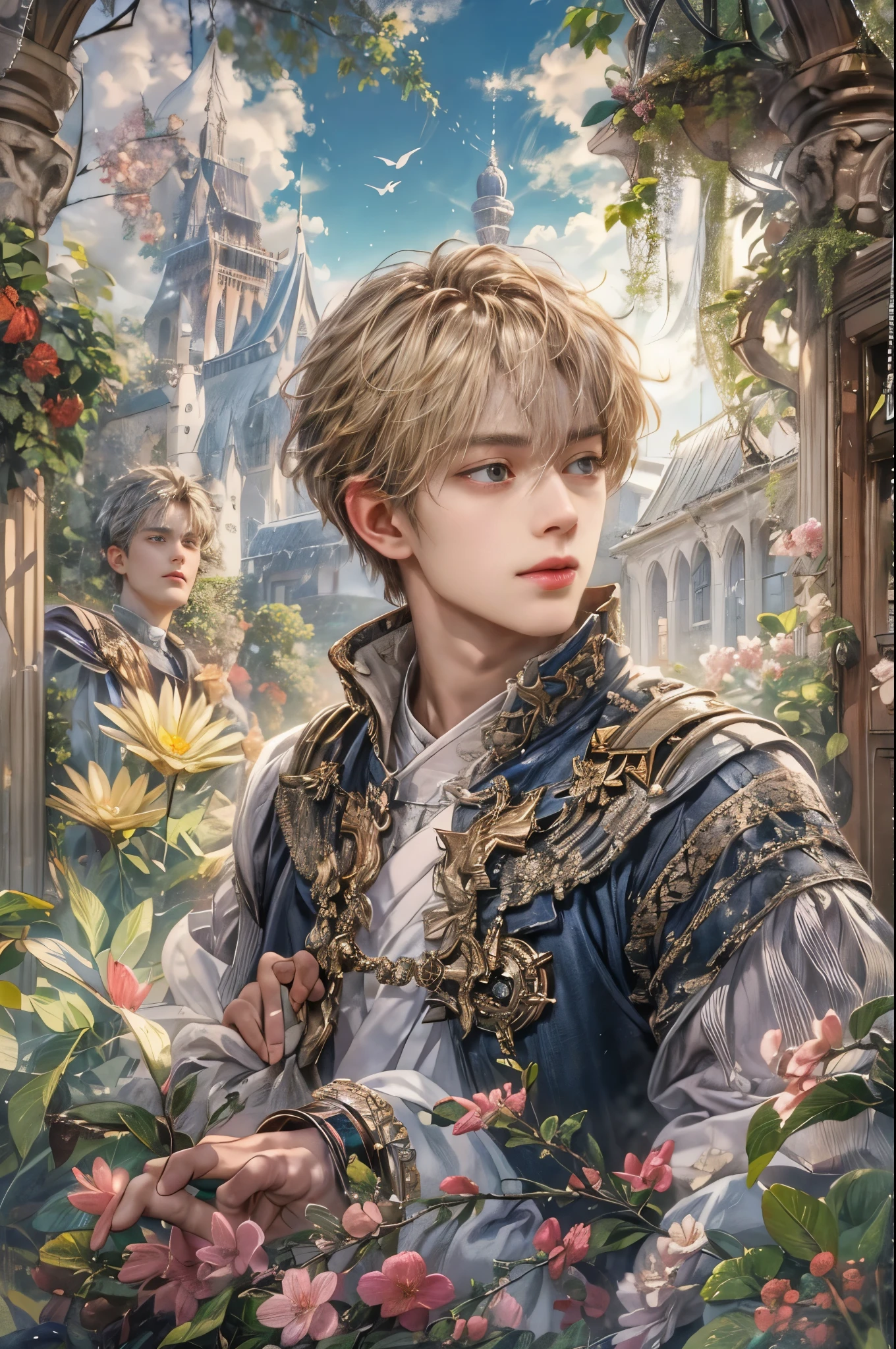 (absurdres, highres, ultra detailed, HDR), masterpiece, Intricate details,best quality picture of a character from Valkyrie Elysium, handsome teen boy with short Hair anime eyes, intricate details on face, in a detailed outside garden sanctuary scenery, detailed character, art kenouji