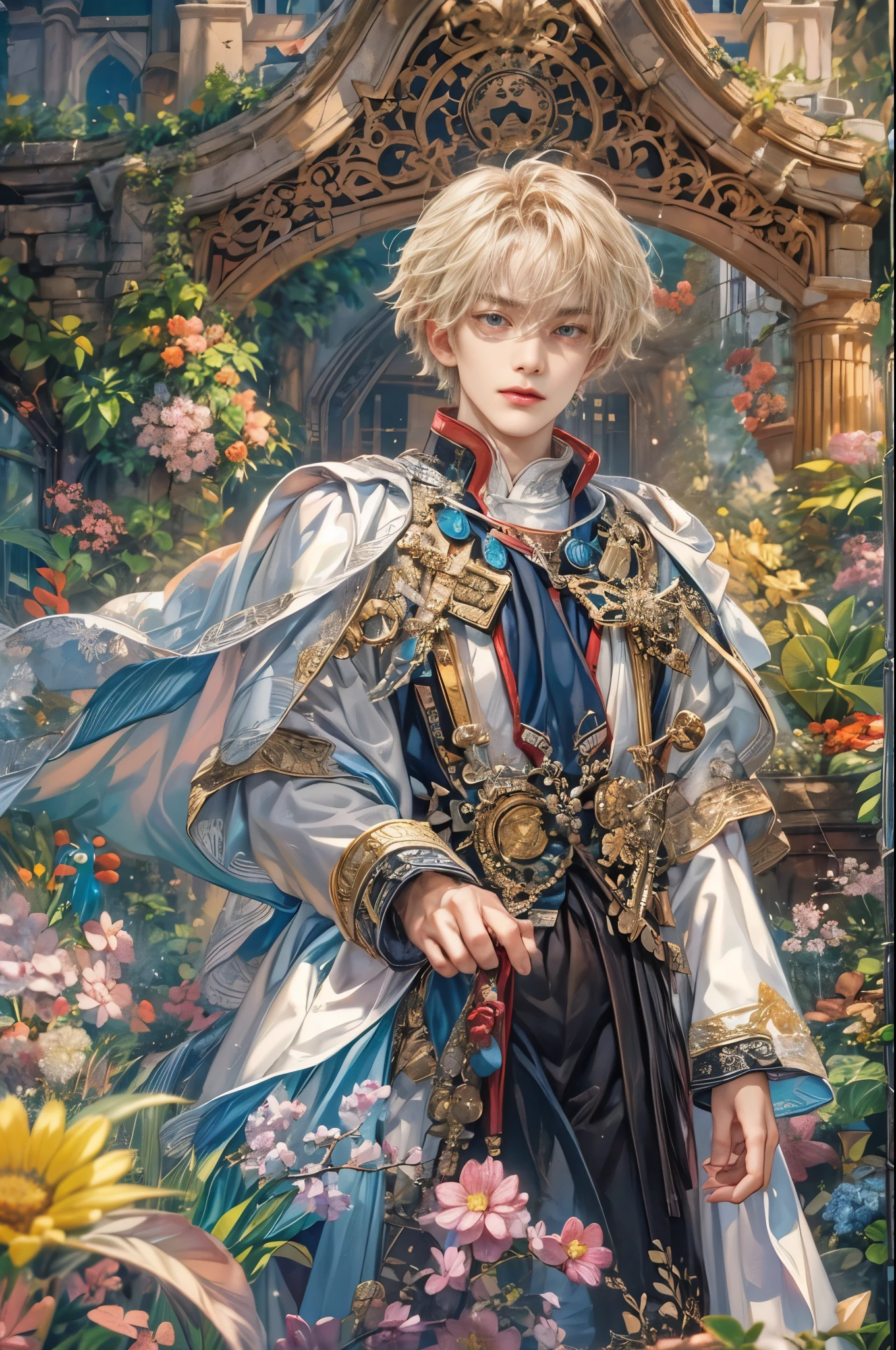 (absurdres, highres, ultra detailed, HDR), masterpiece, Intricate details,best quality picture of a character from Tales of the rays, handsome teen boy with short Hair anime eyes, intricate details on face, in a detailed outside garden sanctuary scenery, detailed character, art kenouji