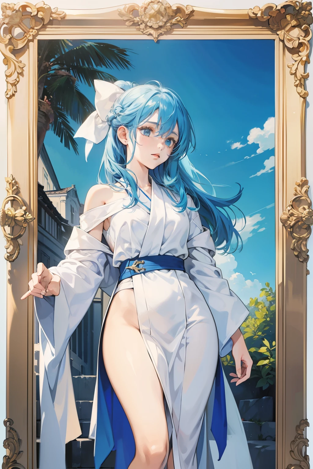 painting of a girl, Blue hair, White robe, clear sky, masterpiece, highest quality , Highest image quality