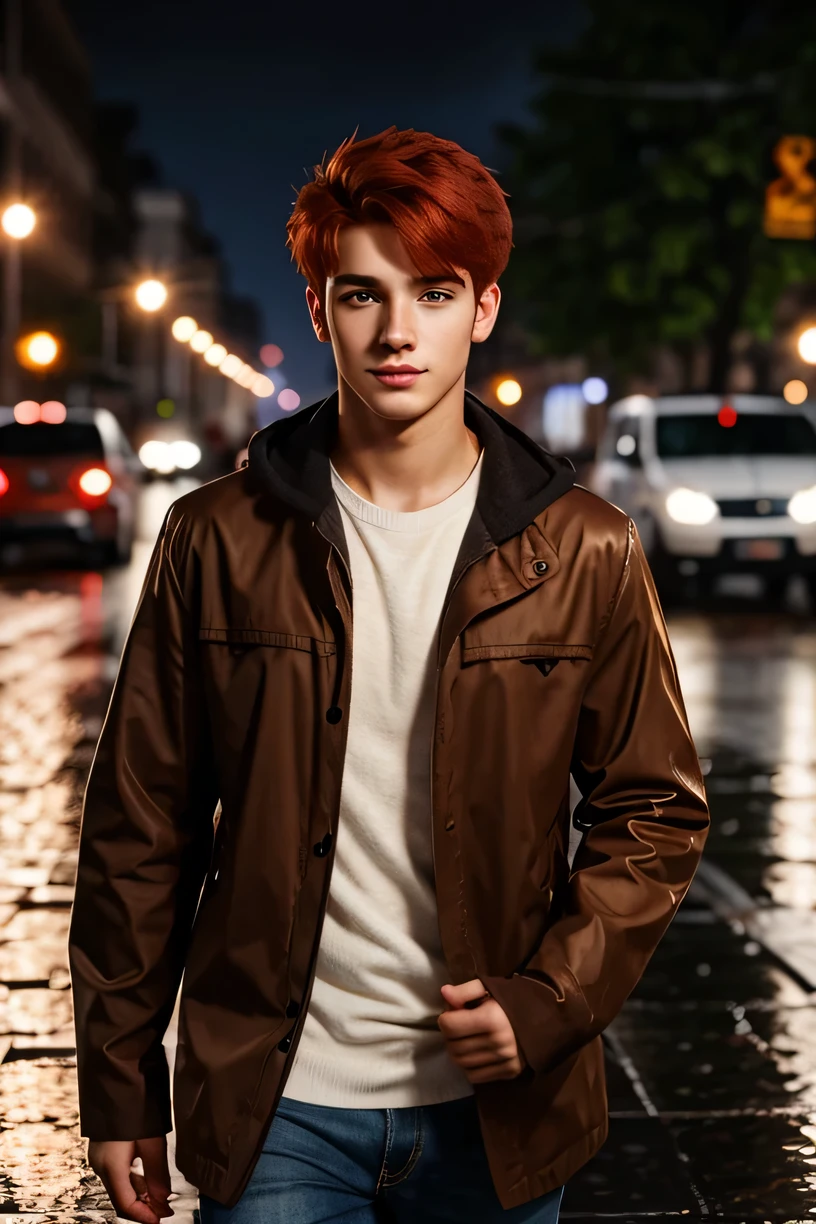 Handsome and cute,20 year old boy,Red hair,brown eyes,Walking on the street on a rainy night
#lifelike