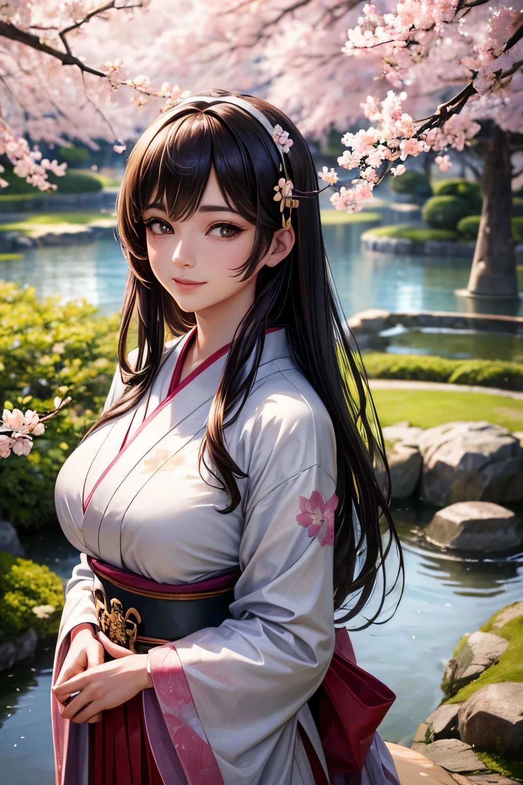 ((Best quality)), ((masterpiece)), ((realistic)), Girl with flawless beauty standing in a serene Japanese garden with cherry blossoms on eye level, scenic, masterpiece, (highres), original, extremely detailed 8K , (photorealistic:1.4),flawless face, perfect eyes,symmetrica body shape,smile, 
