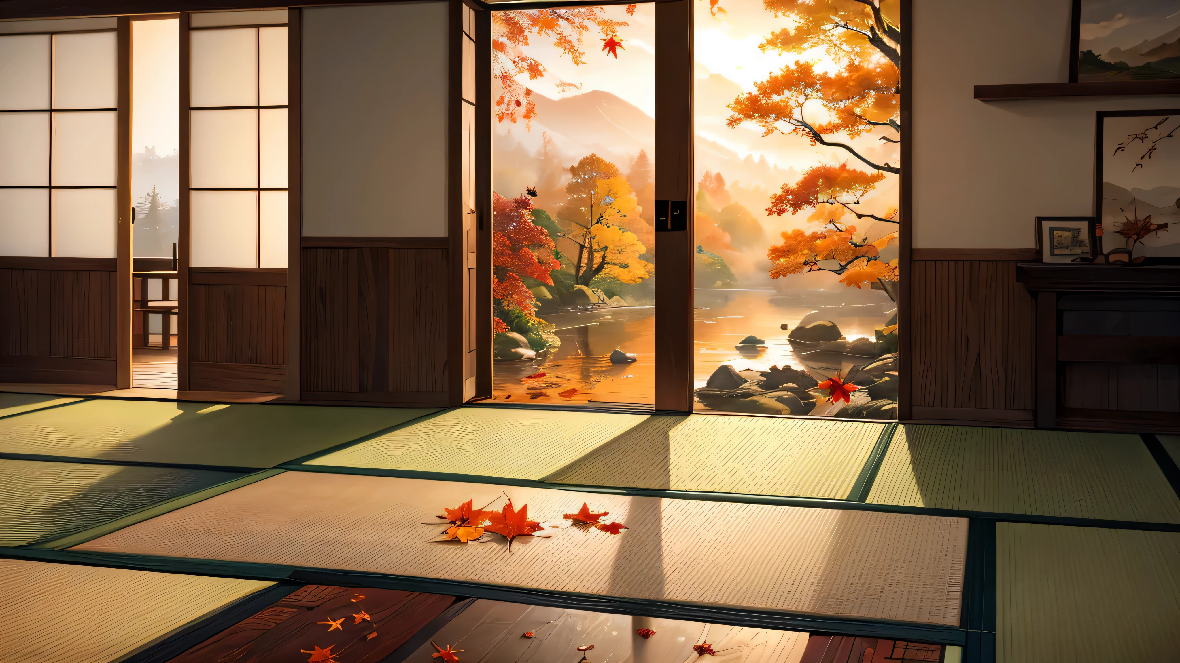high res, detailed, oil painting, autumn, traditional painting, indoor wide angle, foggy, the sky is full of fog, ancient japanese vibes, traditional japanese long wood table, traditional japanese slide door, fallen autumn leaves, wood floor, curtains, lake, orange lightning, golden hour