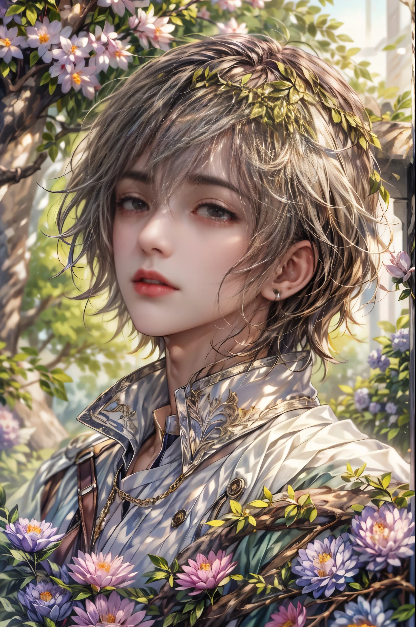 (absurdres, highres, ultra detailed, HDR), masterpiece, Intricate details,best quality picture of a character from Valkyrie Elysium, handsome teen boy with short Hair anime eyes, intricate details on face, in a detailed outside garden sanctuary scenery, detailed character, art kenouji