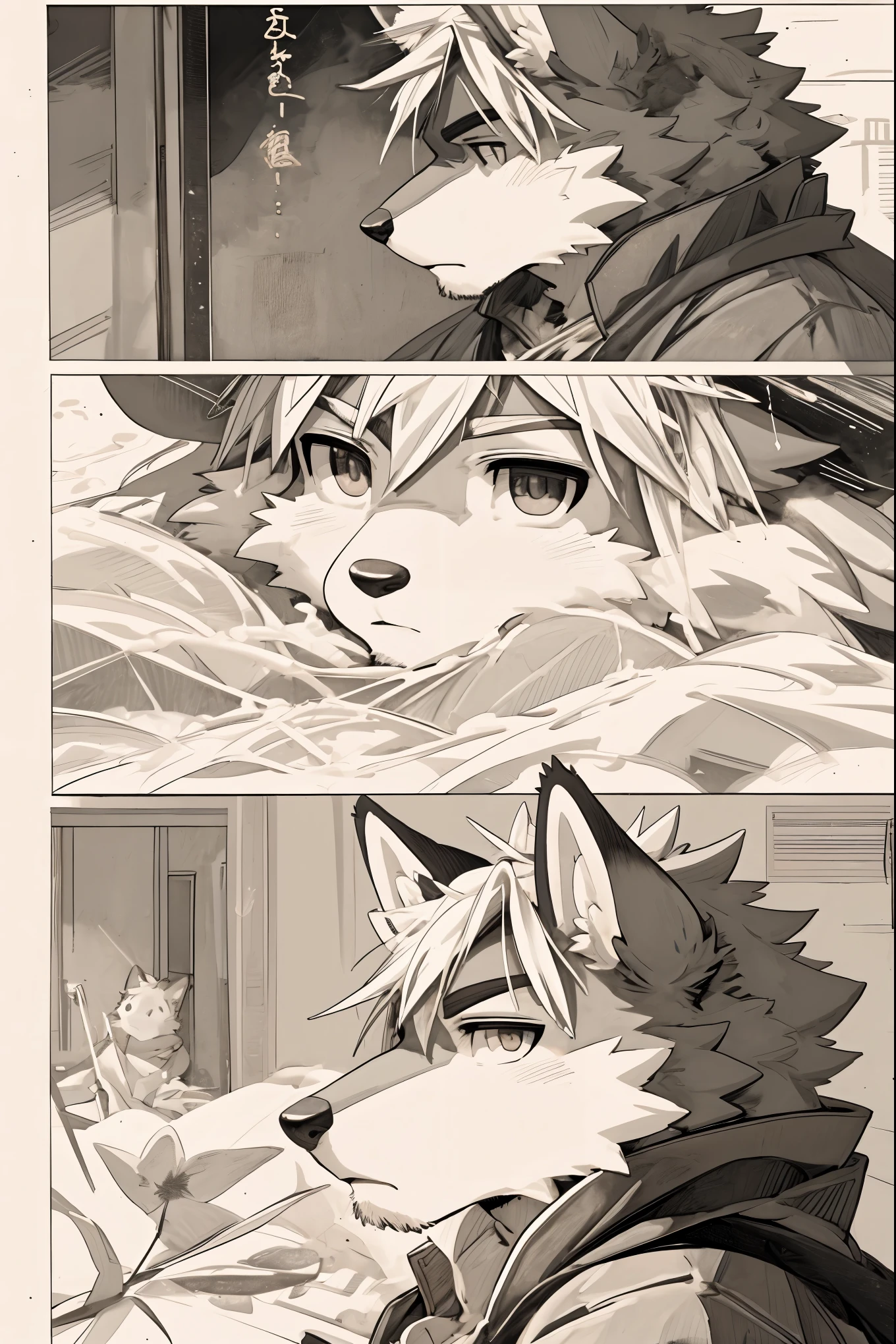 top quality, best quality, highres, unparalleled masterpiece, perfect artwork, paid reward available, indoor, couple of comics(super cute 1girl, 1wolf, kemono, furry anthro)tumblr, sosaku hanga, black and white manga page, manga page, doujin, ddlc, anime, comedy comic, black and white manga panel, zerochan,