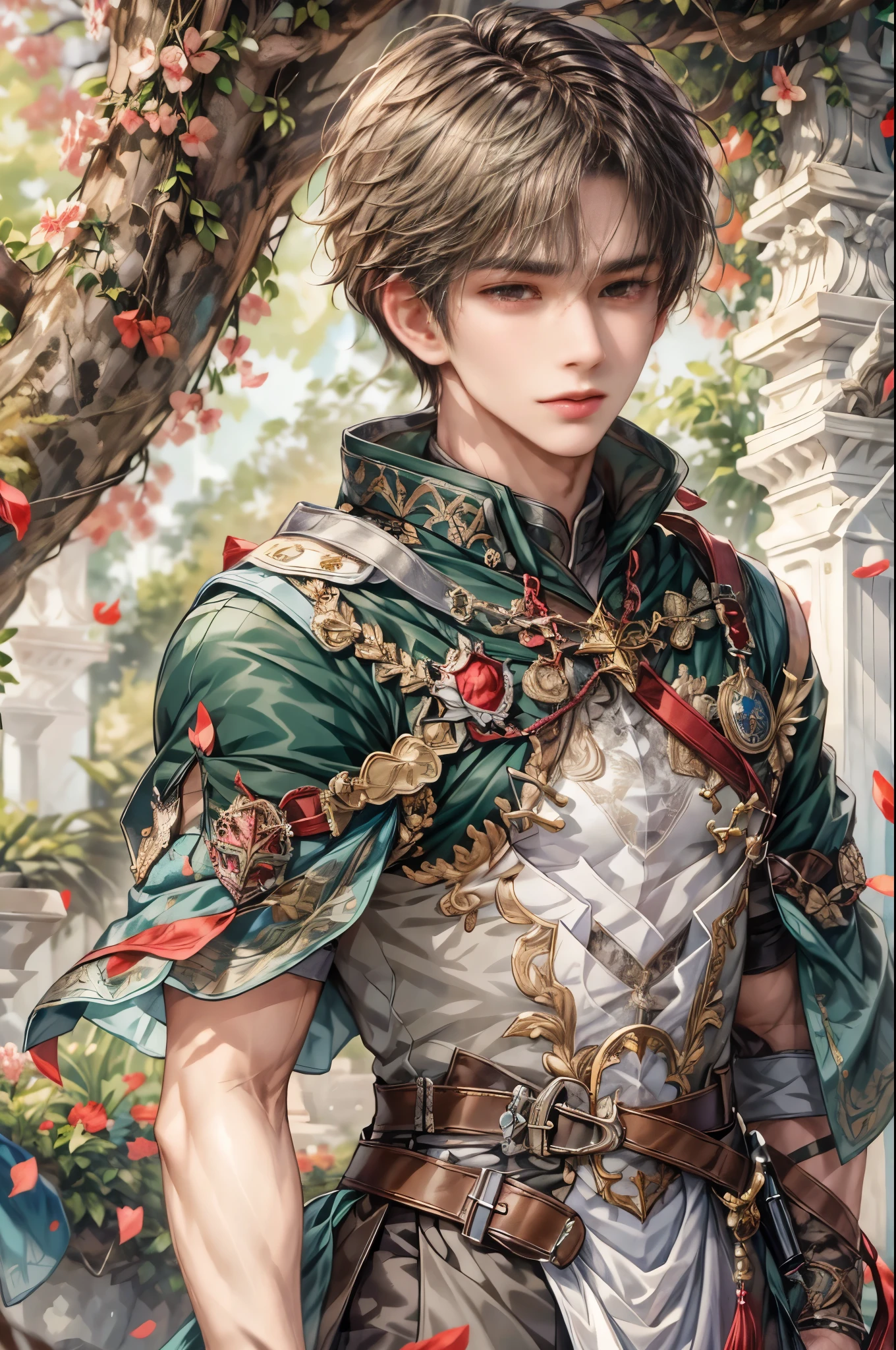 (absurdres, highres, ultra detailed, HDR), masterpiece, Intricate details,best quality picture of a character from Valkyrie Elysium, handsome teen boy with short Hair anime eyes, intricate details on face, in a detailed outside garden sanctuary scenery, detailed character, art kenouji