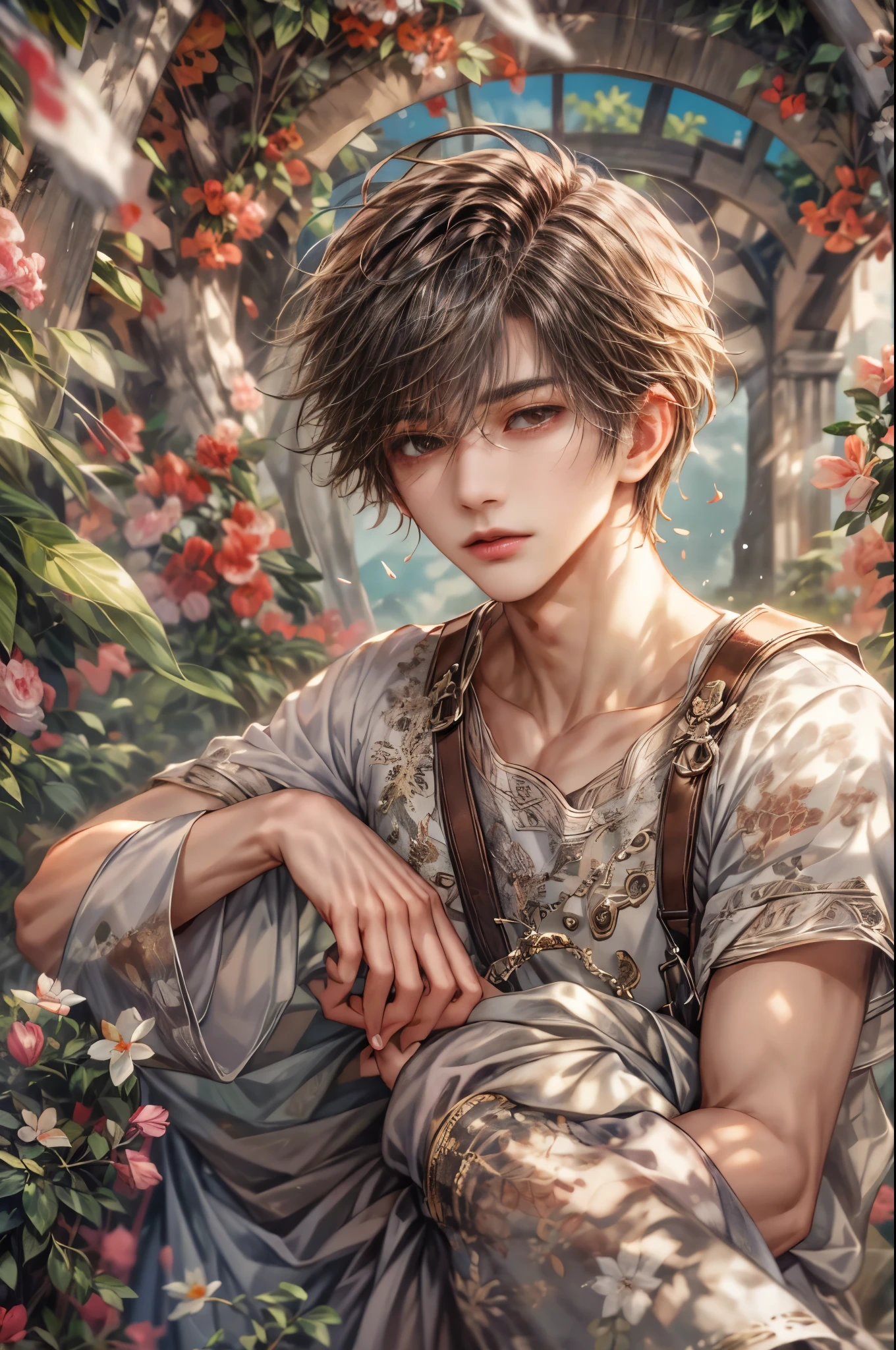 (absurdres, highres, ultra detailed, HDR), masterpiece, Intricate details,best quality picture of a character from Valkyrie Elysium, handsome  boy with short Hair anime eyes, intricate details on face, in a detailed outside garden sanctuary scenery, detailed character, art kenouji