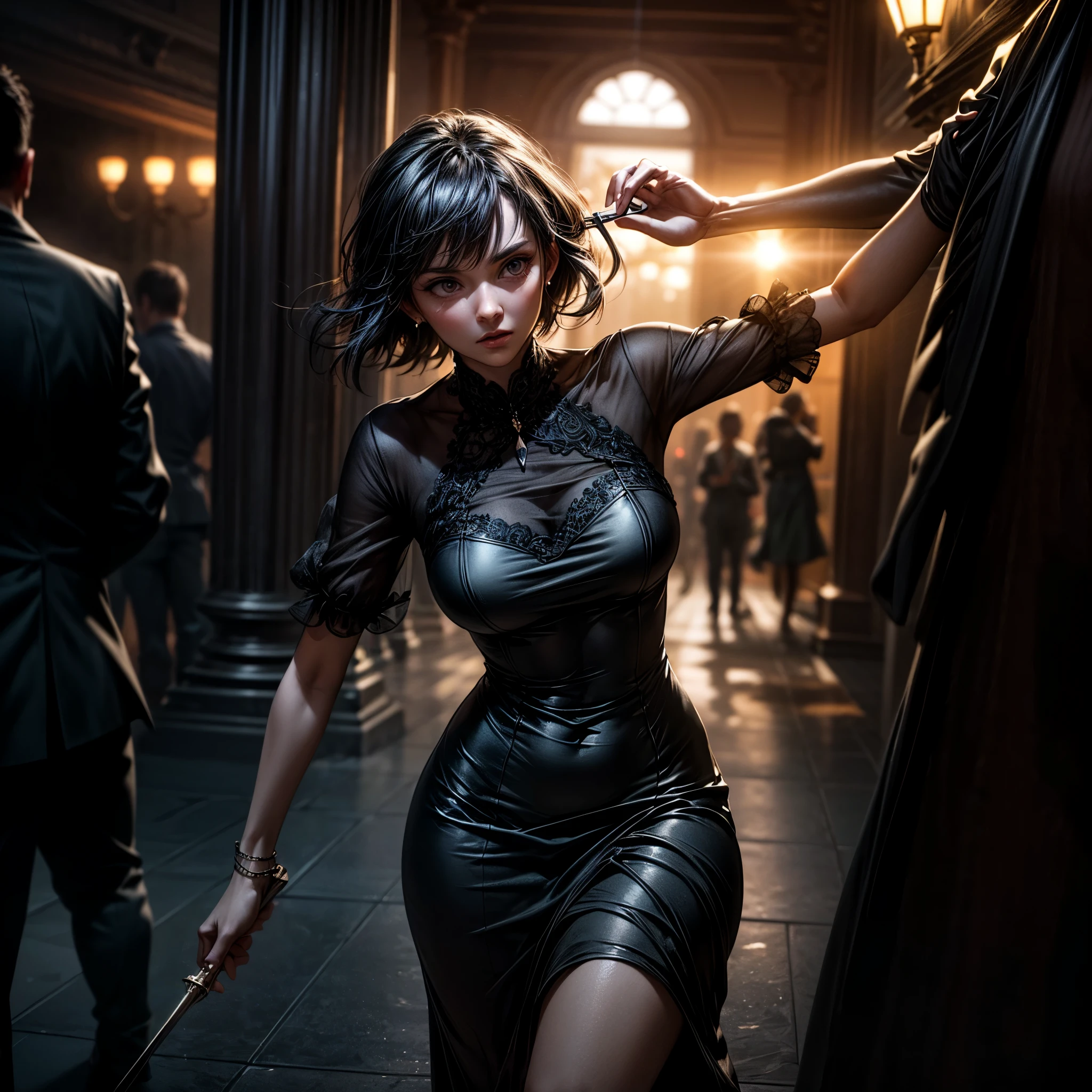 16K, ultra detailed, masterpiece, best quality, (extremely detailed), arafed, action shot, a woman spy, wearing an elegant dress, black dress, and holding a dagger in a cocktail party,  Wide-Angle, Ultra-Wide Angle, 8k, highres, best quality, high details, determined face, god rays, cinematic lighting, glowing light, silhouette, from outside, photorealism