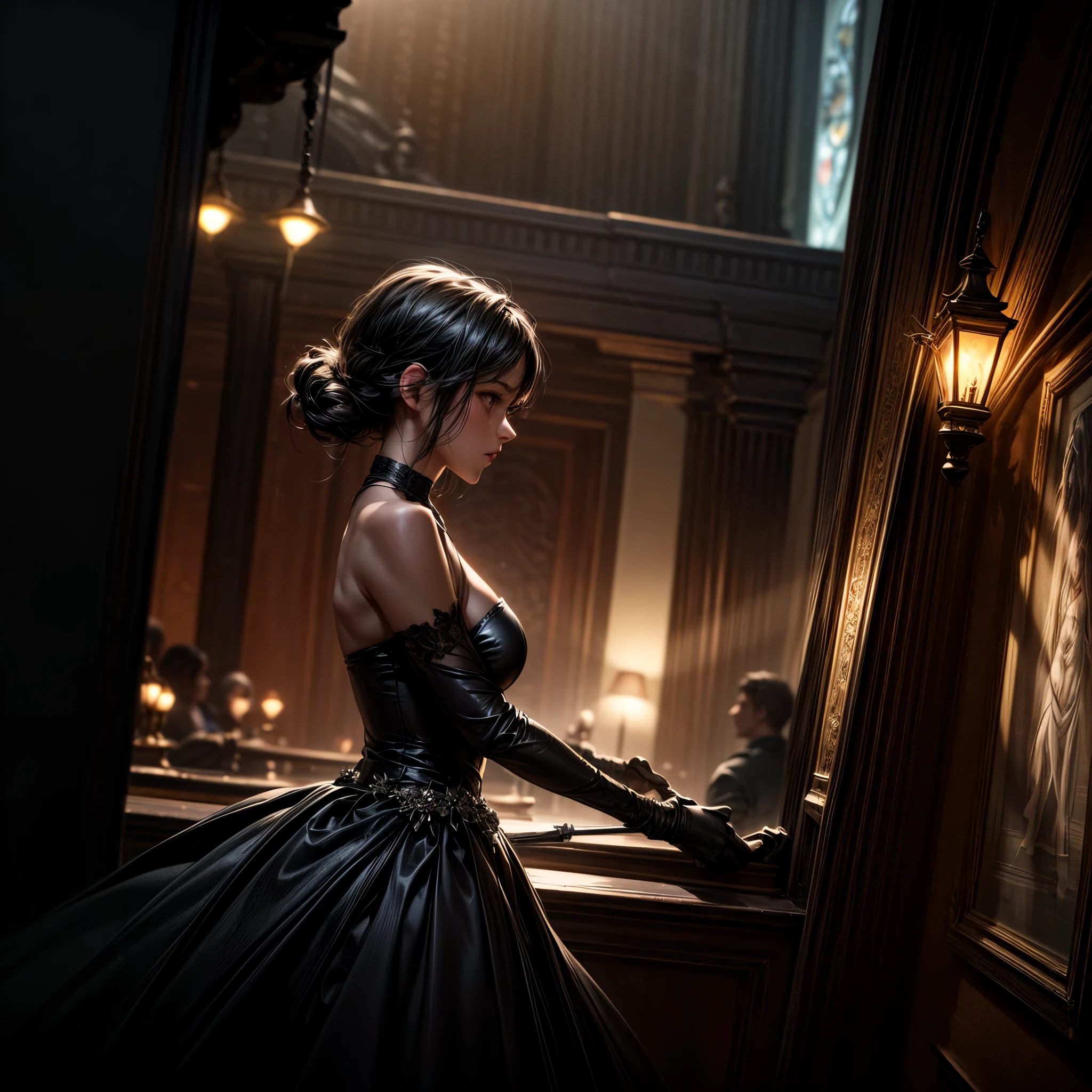 16K, ultra detailed, masterpiece, best quality, (extremely detailed), arafed, action shot, a woman spy, wearing an elegant dress, black dress, and holding a dagger in a cocktail party,  Wide-Angle, Ultra-Wide Angle, 8k, highres, best quality, high details, determined face, god rays, cinematic lighting, glowing light, silhouette, from outside, photorealism