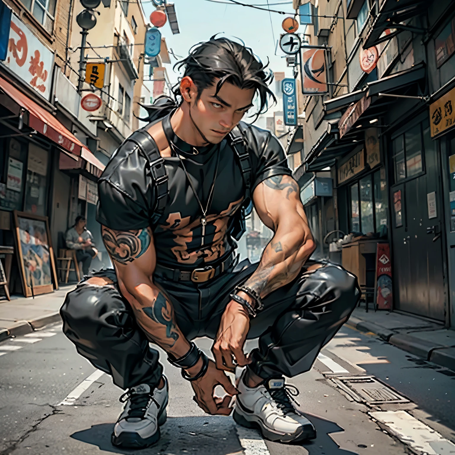 City street-metropolis. ung man crouched, modern, . Masterpiece, Best quality (surrealism: 1.3), Great, quality, (Masterpiece: 1.2), (realism: 1.2), (Best quality), (leather detail: 1.3), sunny day, 1 yoman. Long black hair, young, modern clothes, sat down next to him. (Plain T-shirt, Slim, Strong body, sinewy hands, broad shoulders, tight pants, hands are decorated with belts, bracelets). ((Expressive eyes)), Brown eyes, black hair. modern clothes (surrealism: 1.3), Great, high-quality, modern clothes. Hand-drawn realism.