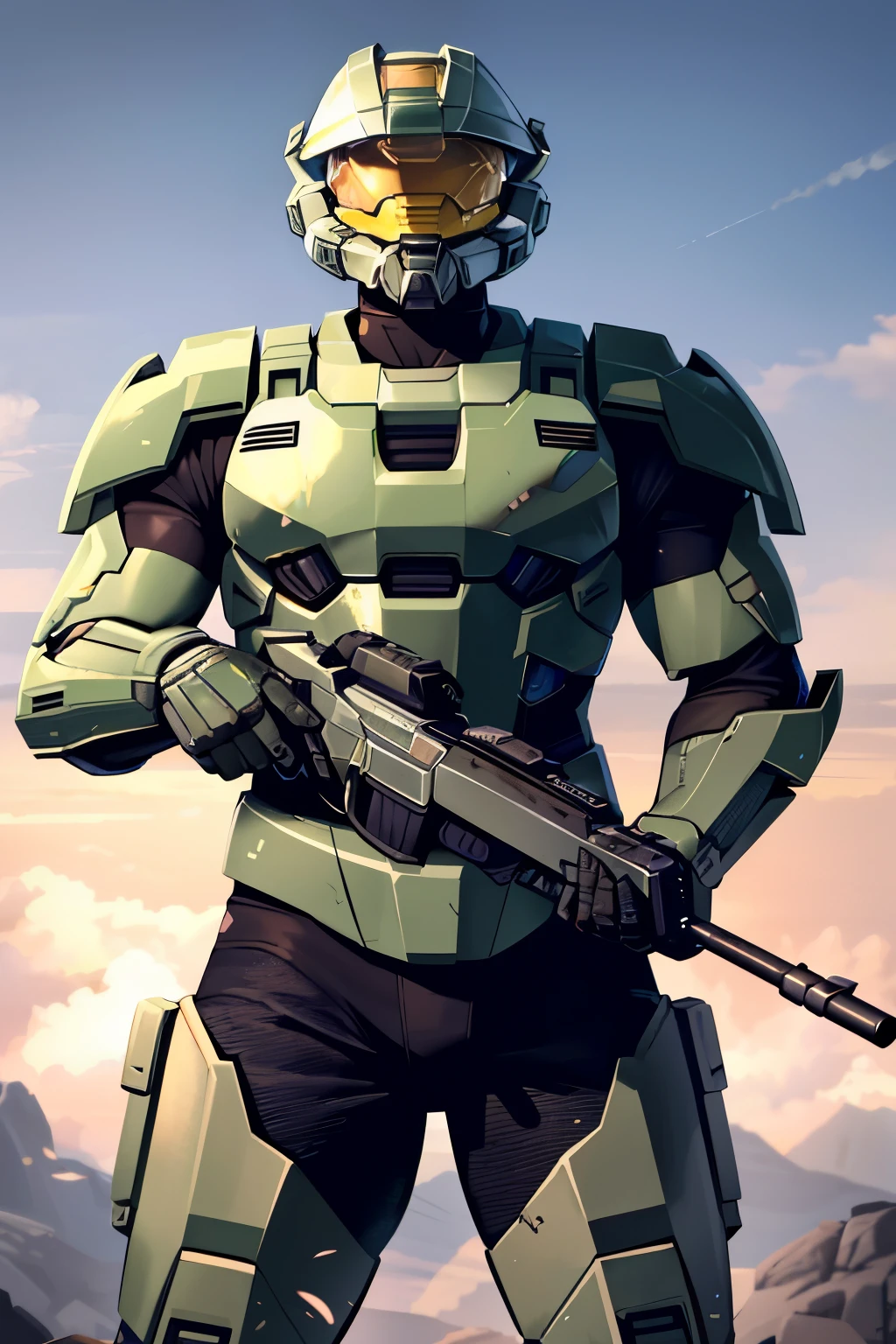 (masterpiece), ((best quality)), ((magnificent Master Chief from Halo)), solo, warrior pose, detailed rugged armor, intricately designed helmet, muscular physique, high resolution, remarkable textures, realistic facial features, intense gaze, battle-tested and weathered, ready for combat, battlefield background, explosions in the distance, battle scarred, highly detailed weapon, battle-worn gloves, battle cry expression, epic pose, lifelike.