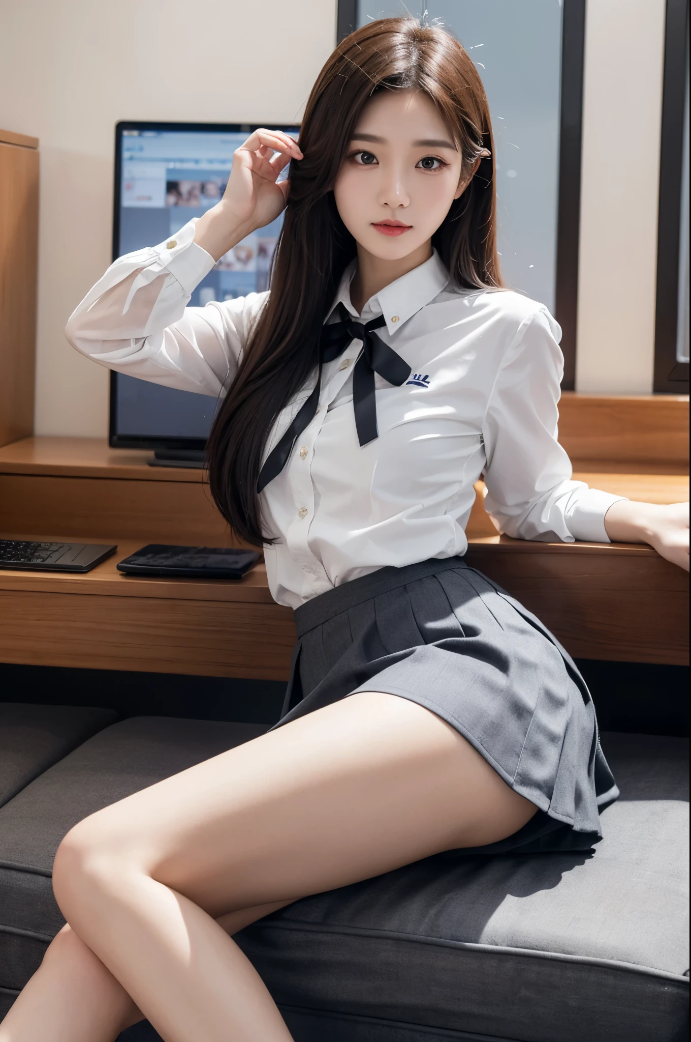 A Korean woman, long silver hair, black eyes, korean school uniform, mini skirt, lifting skirt, smirking,