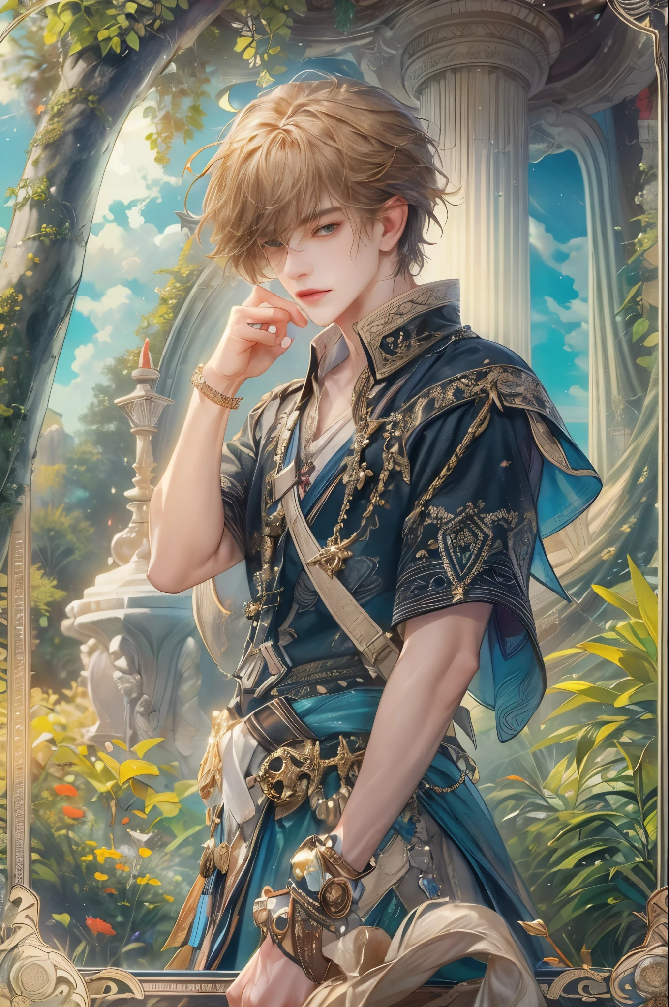 (absurdres, highres, ultra detailed, HDR), masterpiece, Intricate details,best quality picture of a character from Tales of the rays, handsome boy with short Hair anime eyes, intricate details on face, in a detailed outside garden sanctuary scenery, detailed character, art kenouji