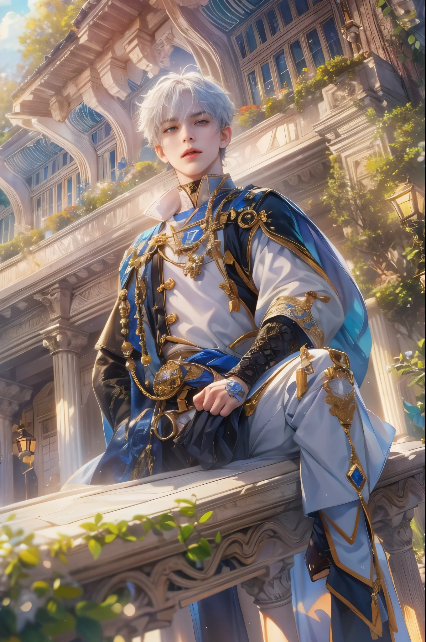 (absurdres, highres, ultra detailed, HDR), masterpiece, Intricate details,best quality picture of a character from Tales of the rays, handsome teen boy with short Hair anime eyes, intricate details on face, in a detailed outside garden sanctuary scenery, detailed character, art kenouji