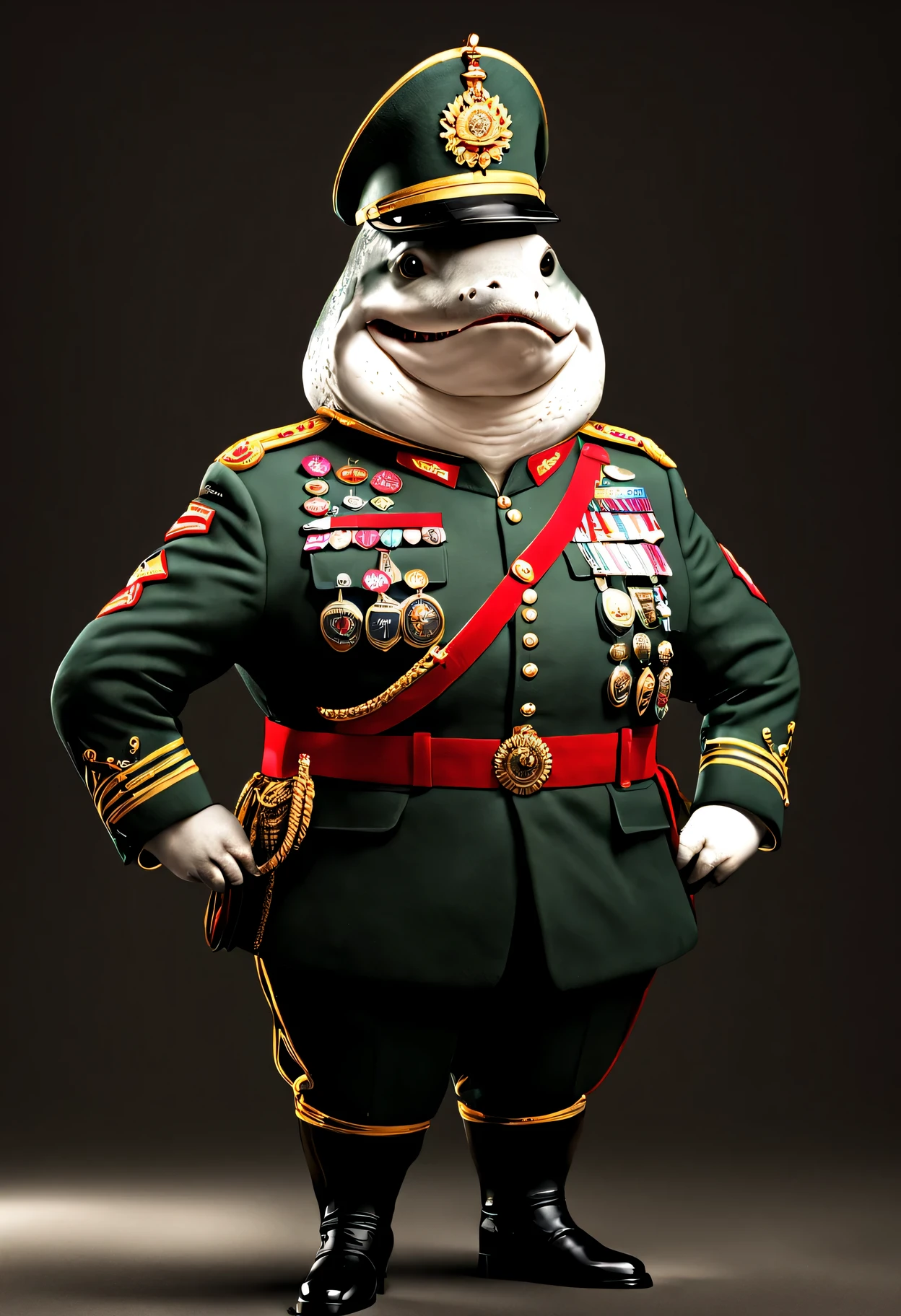 photorealistic portrait of Dressed animals - a ((fat)) shark general,(brave pose), high quality,(lovely) ,intricate details, highly detailed ((military uniform) ,,highly detailed decorations, , (brave), studio lighting,(full body image:1.5)